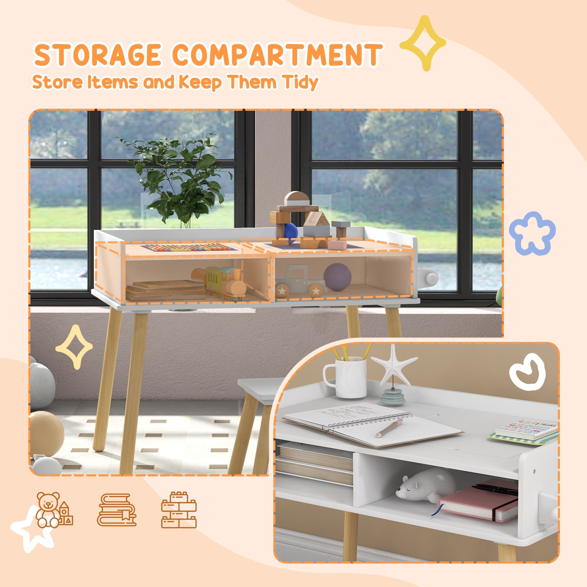 Qaba Multi-Use 3-in-1 Kids Table & Chair Set, Blue, Encourages Play, Drawing, Reading, Perfect for Art & Crafts, Nursery/Playroom