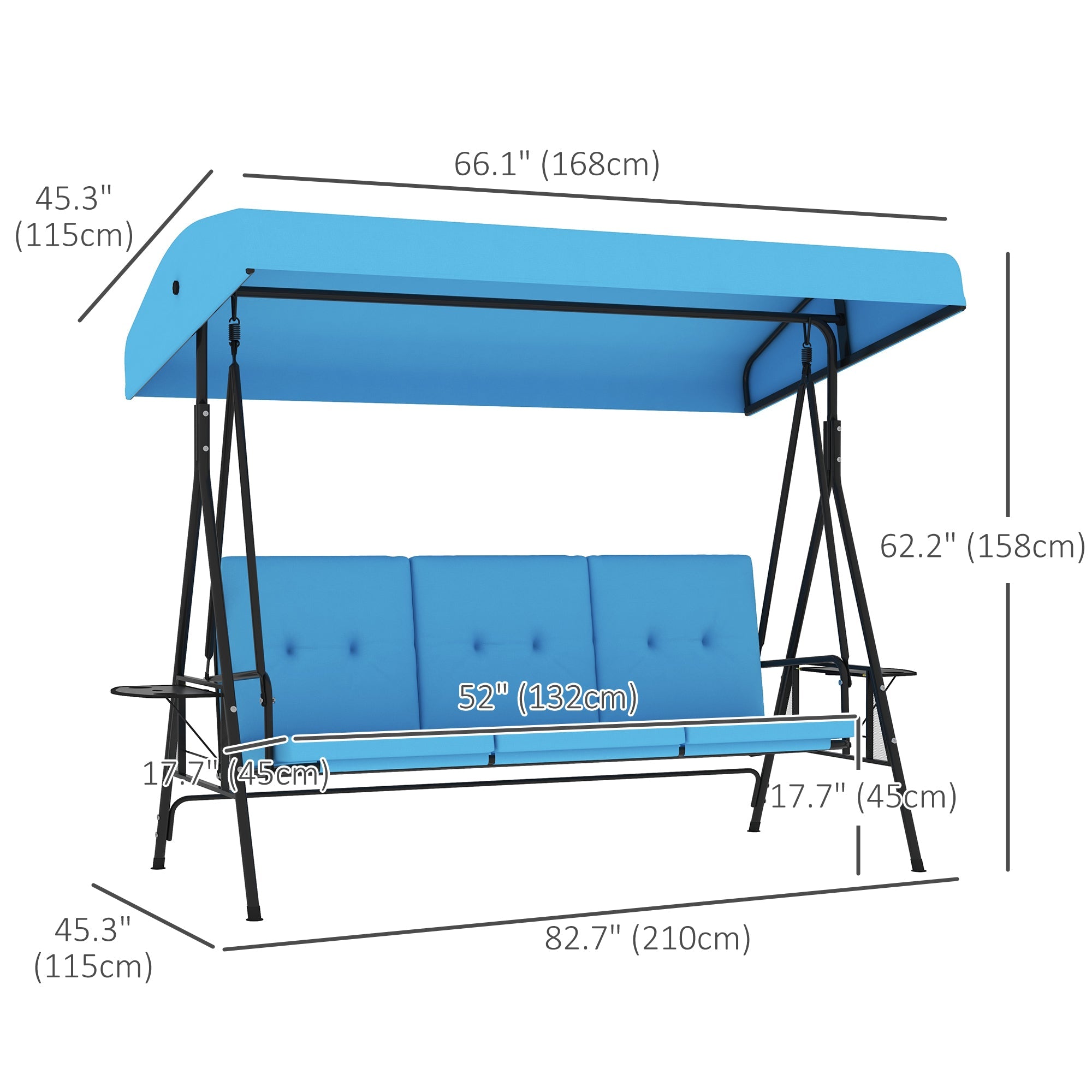 Outsunny 3-Seat Patio Swing with Adjustable Canopy & Side Tray, Outdoor Porch Swing, Removable Blue Cushion for Garden, Poolside