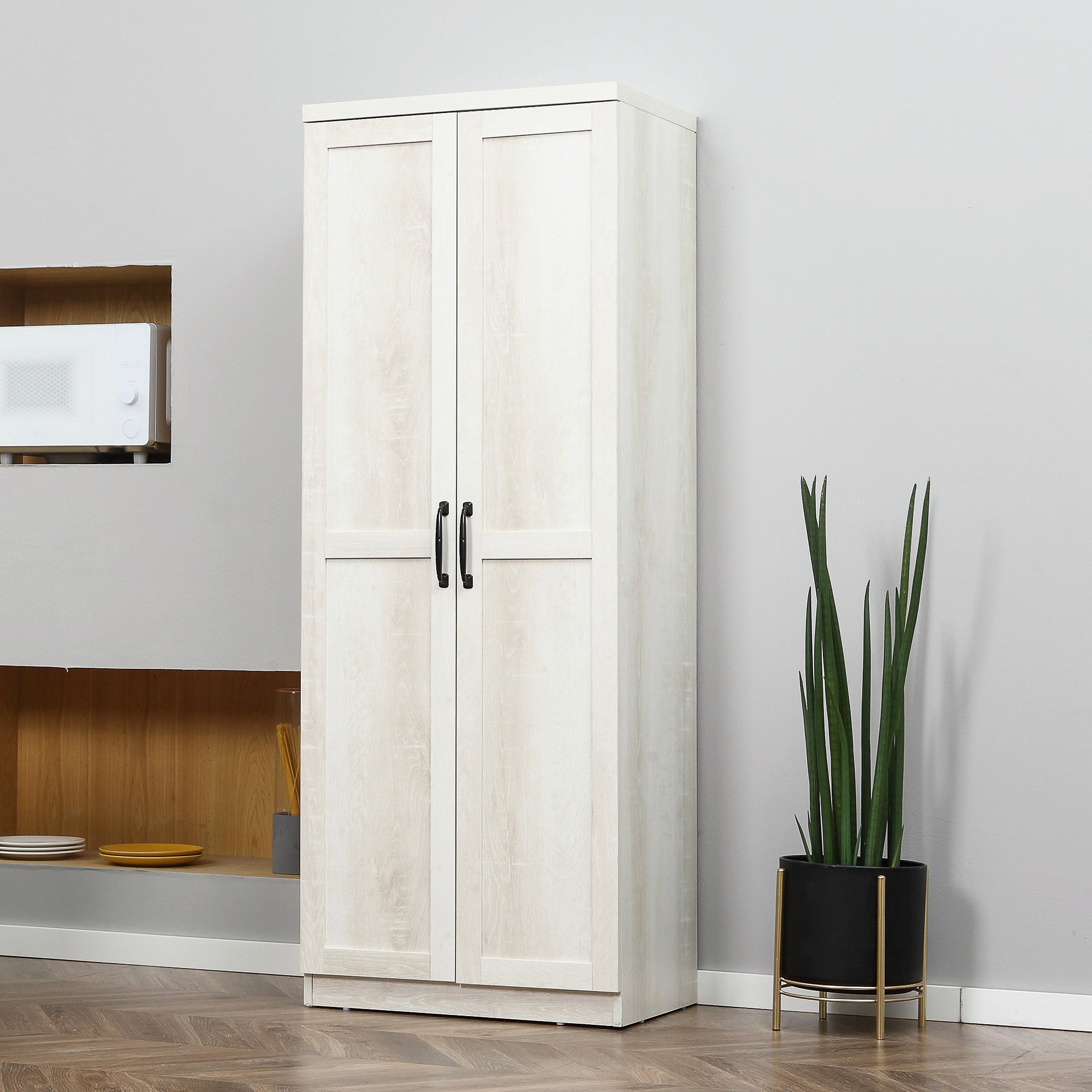 HOMCOM 63" Distressed White Kitchen Pantry Cabinet with 5-Tier Adjustable Shelves for Dining Storage