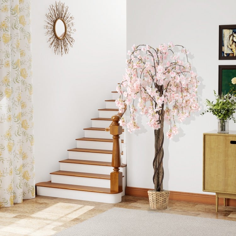 5.5 FT Tall Artificial Cherry Blossom Tree with Pink/White Flowers 2 Pack-White