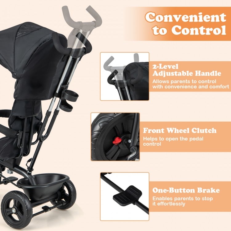 4-in-1 Baby Trike Kids Tricycle with Removable Canopy and Adjustable Push Handle-Grey