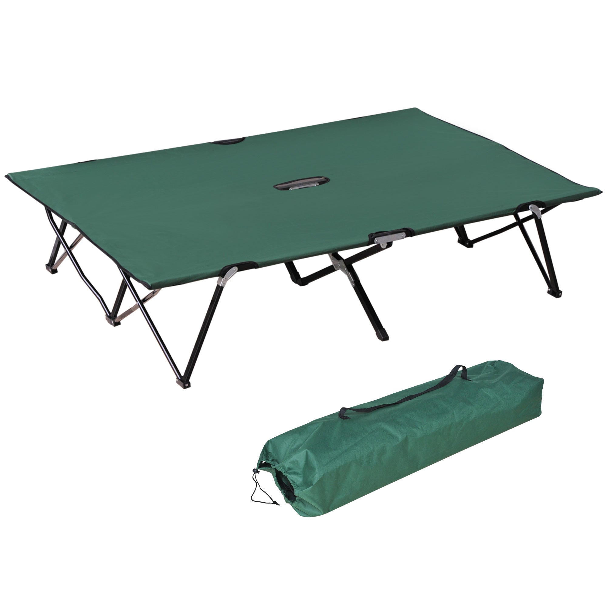 Outsunny 76 Two Person Folding Camping Cot Outdoor Portable Double Cot Wide Military Sleeping Bed w/ Carrying Bag Green