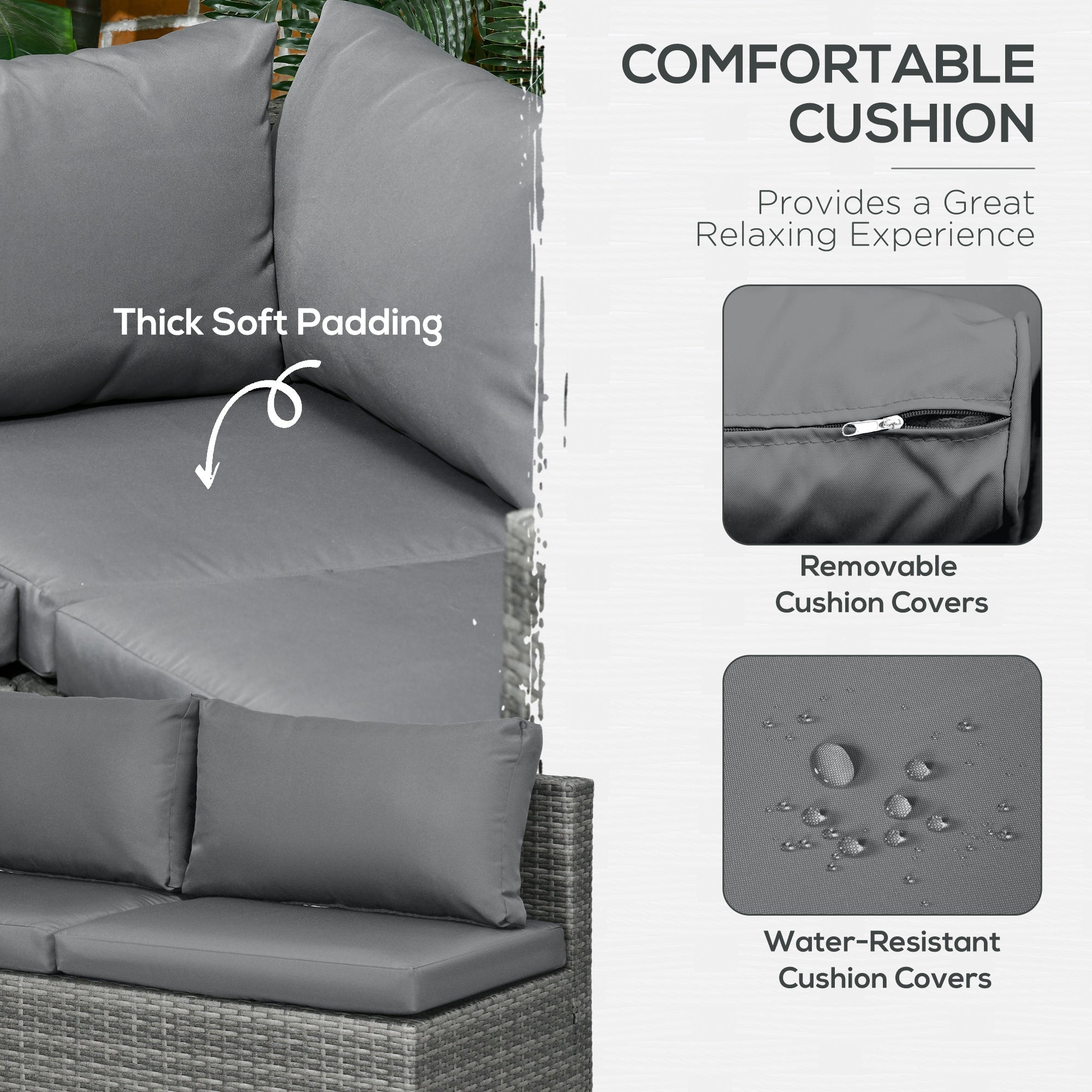 Outsunny 3-Piece Rattan Wicker Patio Set, Grey Cushioned Outdoor Conversation Furniture with Loveseats, Coffee Table