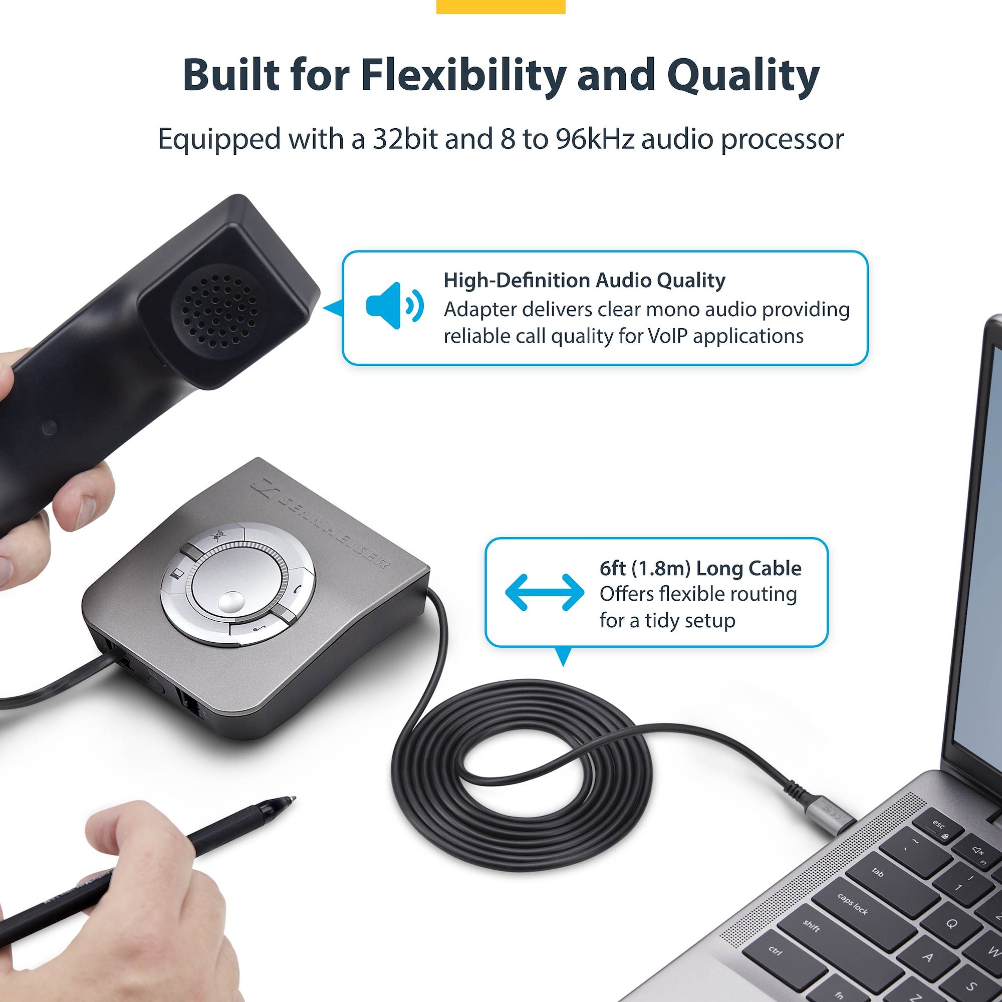 USB-C to RJ9 Adapter for Office Phone Handset or Wired/Wireless Headset, Use Existing Landline Hardware, 6ft/1.8m, For Laptop/Desktop Computer/Mobile