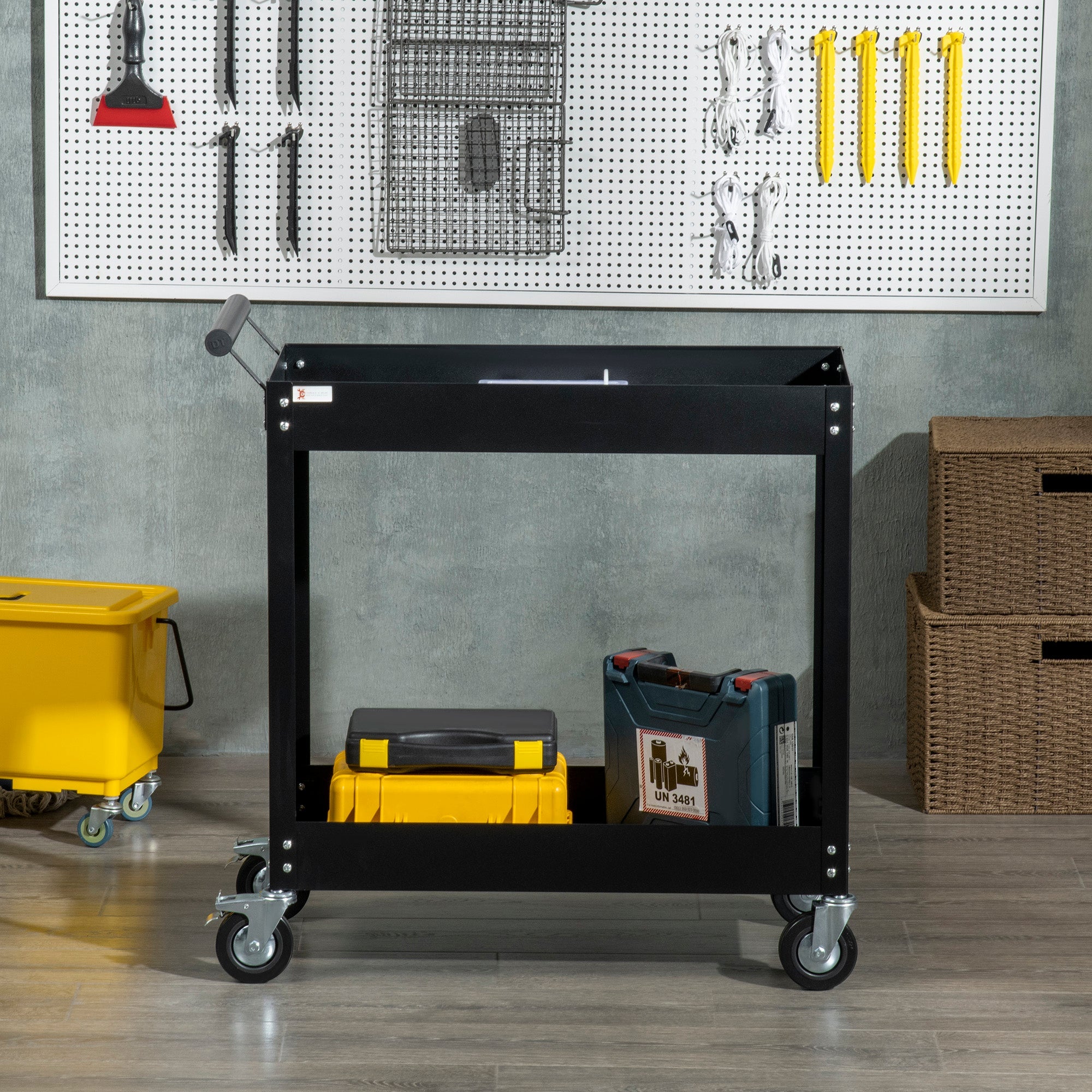 DURHAND Mobile Tool Station: 2-Tier Rolling Steel Utility Cart with 330lbs Capacity for Workshops & Garages, Black