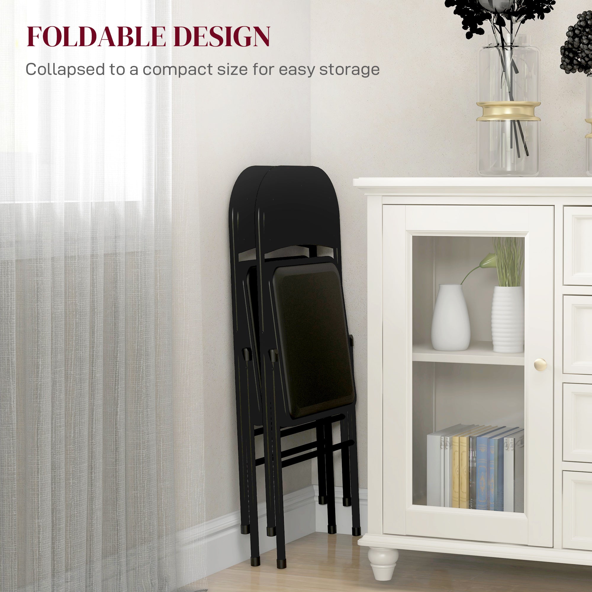 HOMCOM Set of 2 Metal Foldable Chairs, PU Leather Padded Folding Chairs with Cushion Seat and Open Back for Indoor, Black