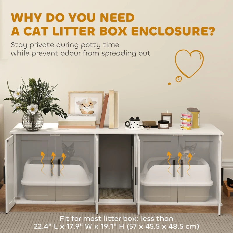 Cat Litter Box Enclosure with Double Room, Scratching Board for 2 Cats, 57" x 19" x 20", White