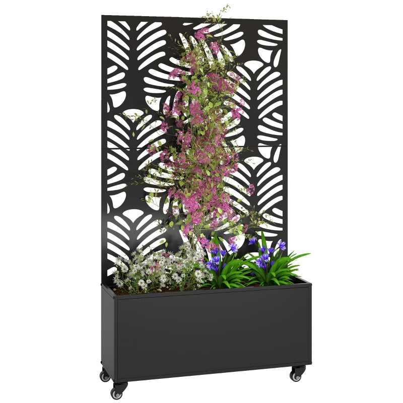 Metal Planter Box with Trellis, Raised Garden Bed with Monstera Leaf Cut-Out Privacy Screen and Wheels