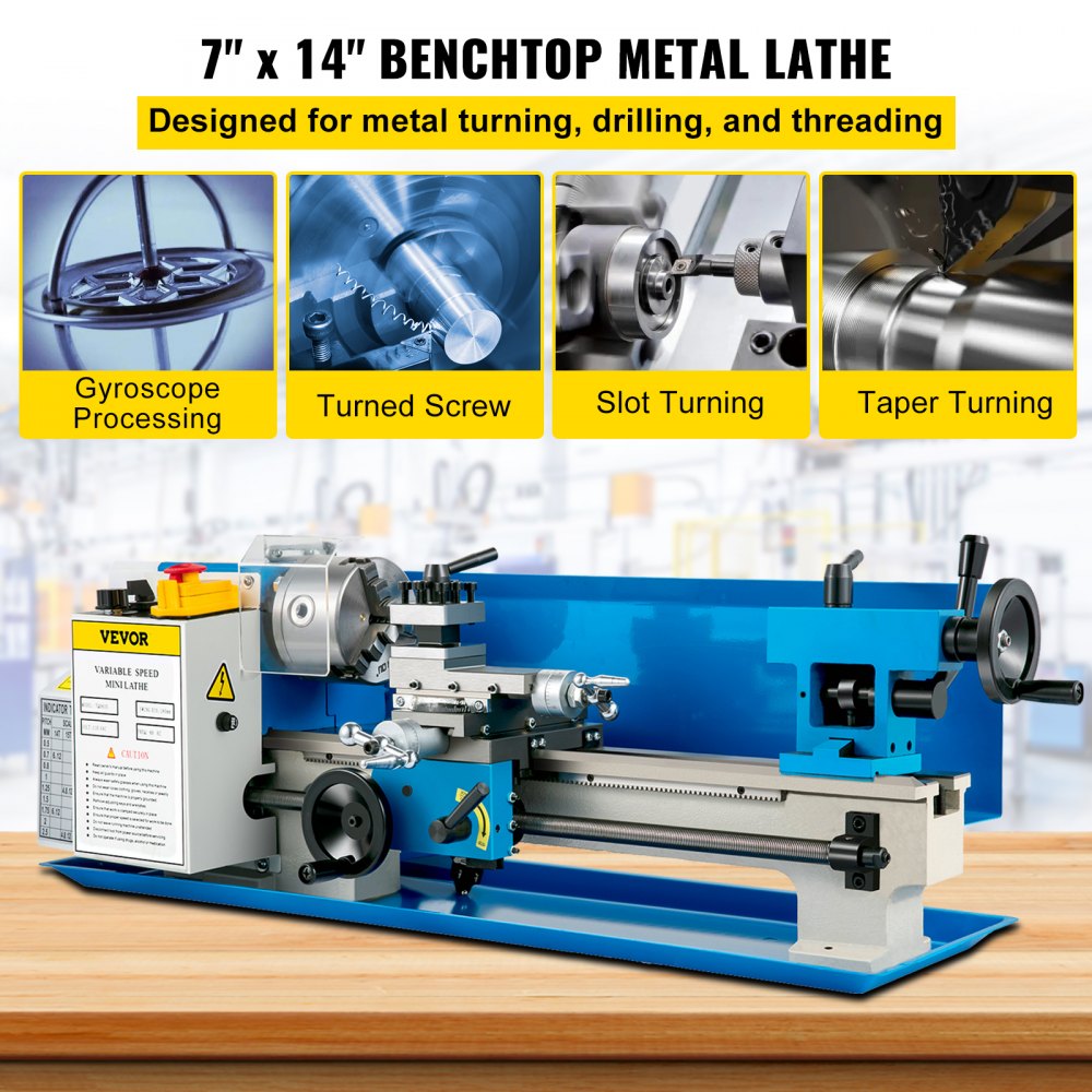 VEVOR Metal Lathe 7" x 14 ",Mini Metal Lathe 0-2500 RPM Variable Speed,Mini Lathe with 4\" 3-jaw Chuck,Bench Top Metal Lathe, Benchtop Lathe, for Various Types of Metal Turning