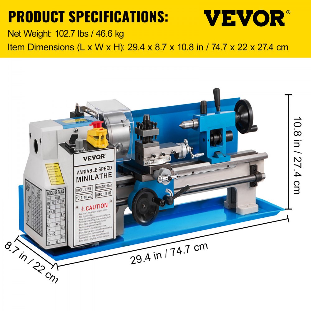VEVOR Metal Lathe 7" x 14 ",Mini Metal Lathe 0-2500 RPM Variable Speed,Mini Lathe with 4\" 3-jaw Chuck,Bench Top Metal Lathe, Benchtop Lathe, for Various Types of Metal Turning