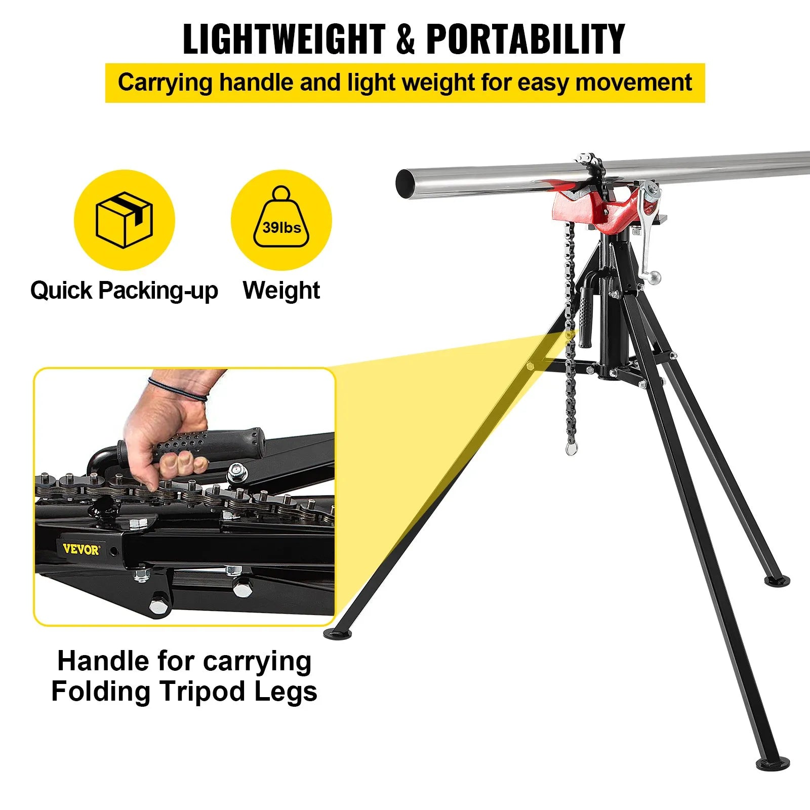 VEVOR Tripod Pipe Chain Vise, 1/8"-5" Pipe Capacity with Portable Folding Steel Legs, 36.4 inch Length Chain Vise Stand, for Fixing and Bending Large Pipes in Workshop, Home and Factory