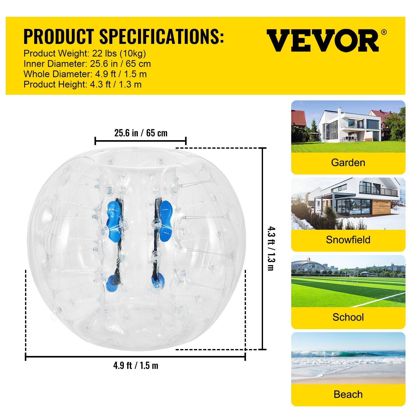 VEVOR Inflatable Bumper Ball 5 FT / 1.5M Diameter, Bubble Soccer Ball, Blow It Up in 5 Min, Inflatable Zorb Ball for Adults or Children (5 FT, Transparent)