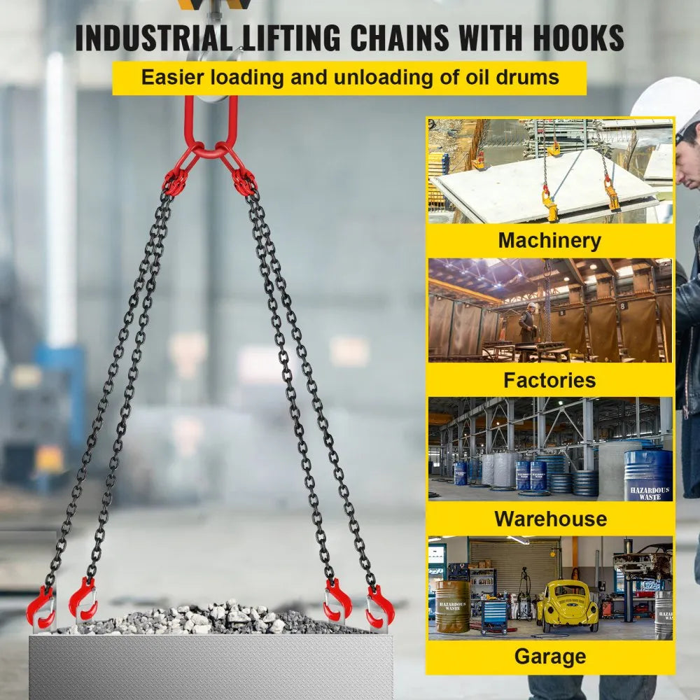 5/16" x 5 ft G80 Chain Sling – 11,000 lb Capacity 4-Leg Lifting Chain with Grab Hooks
