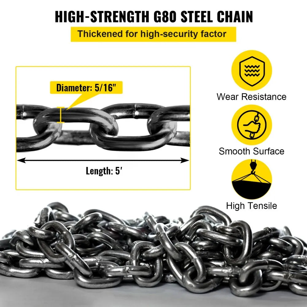 5/16" x 5 ft G80 Chain Sling – 11,000 lb Capacity 4-Leg Lifting Chain with Grab Hooks
