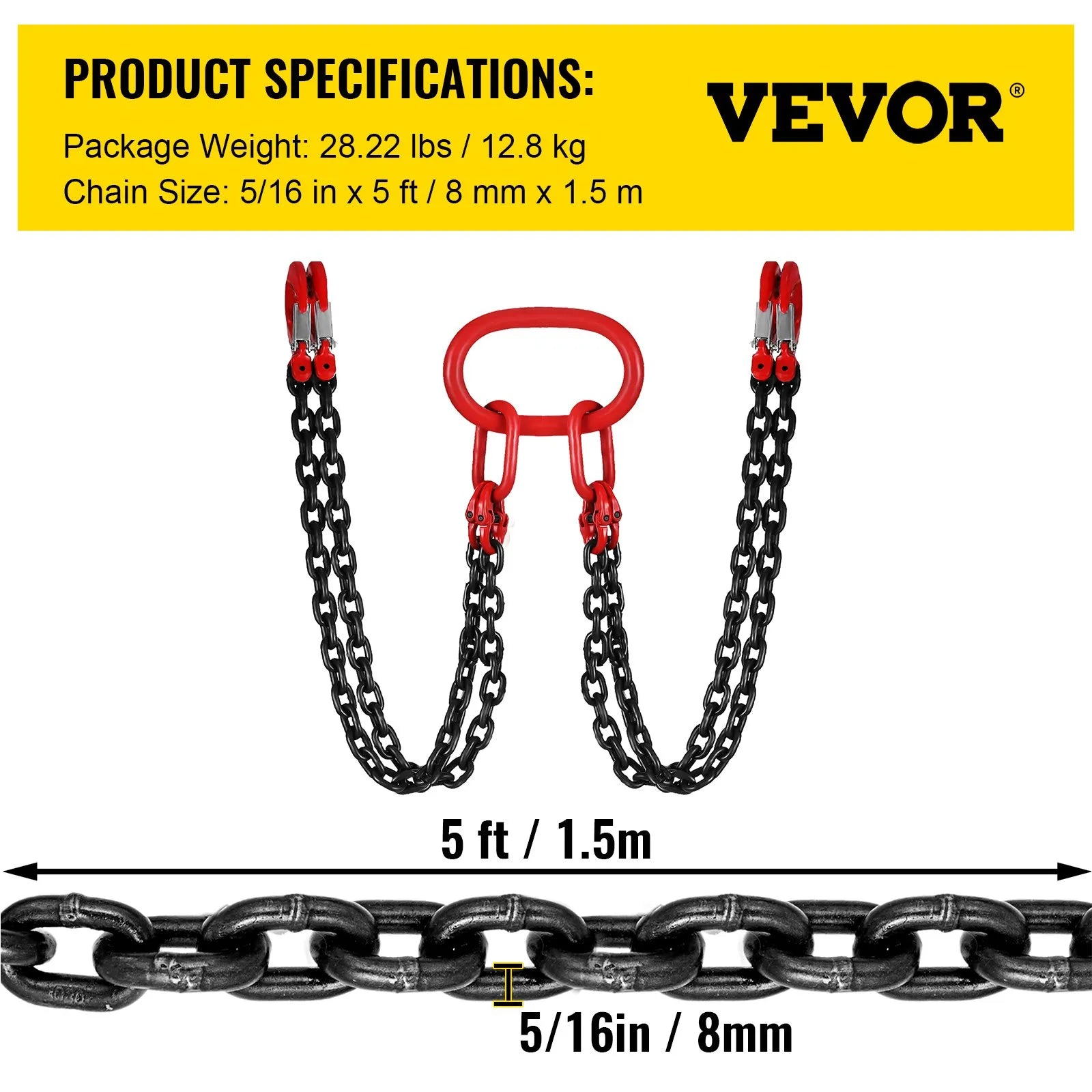5/16" x 5 ft G80 Chain Sling – 11,000 lb Capacity 4-Leg Lifting Chain with Grab Hooks