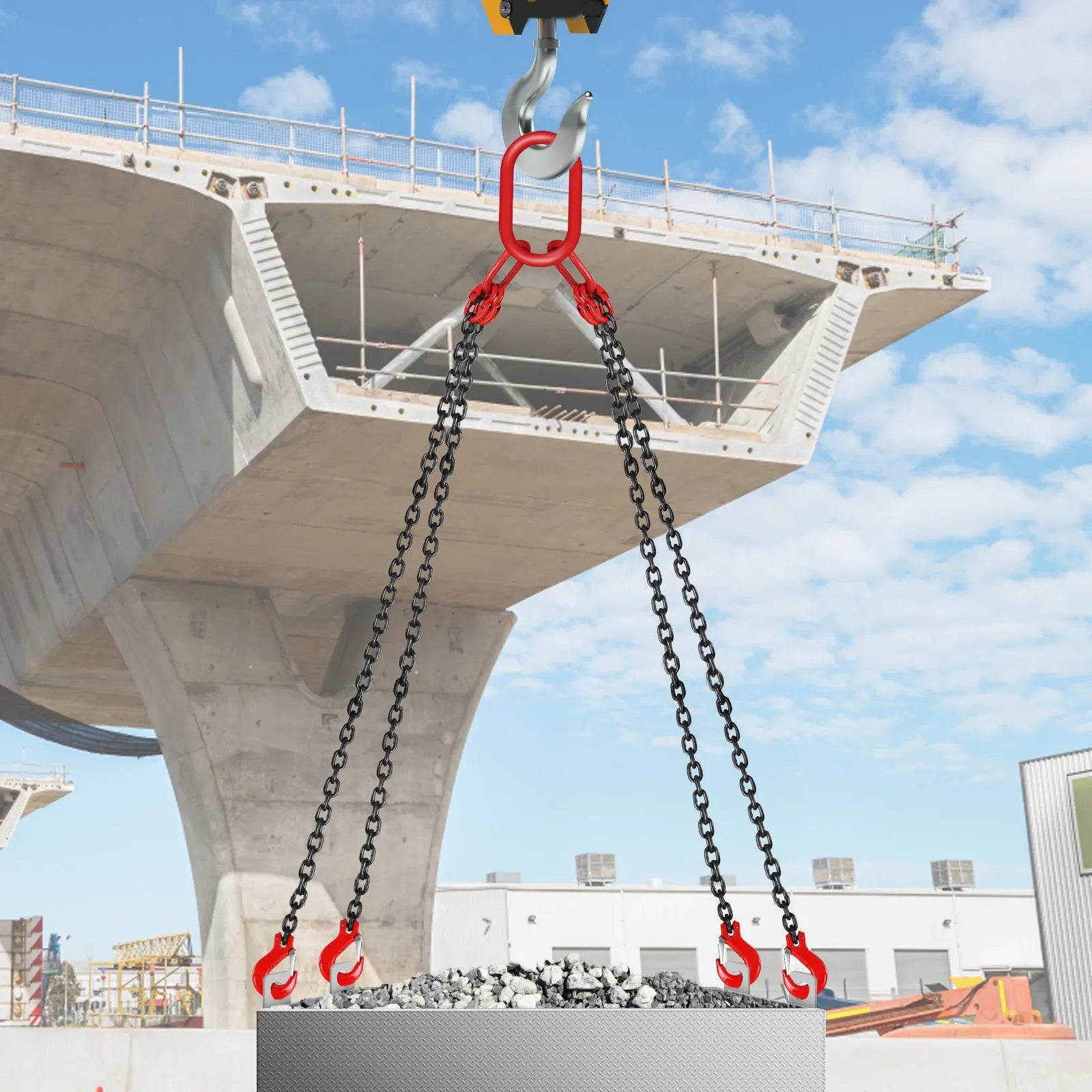 5/16" x 5 ft G80 Chain Sling – 11,000 lb Capacity 4-Leg Lifting Chain with Grab Hooks