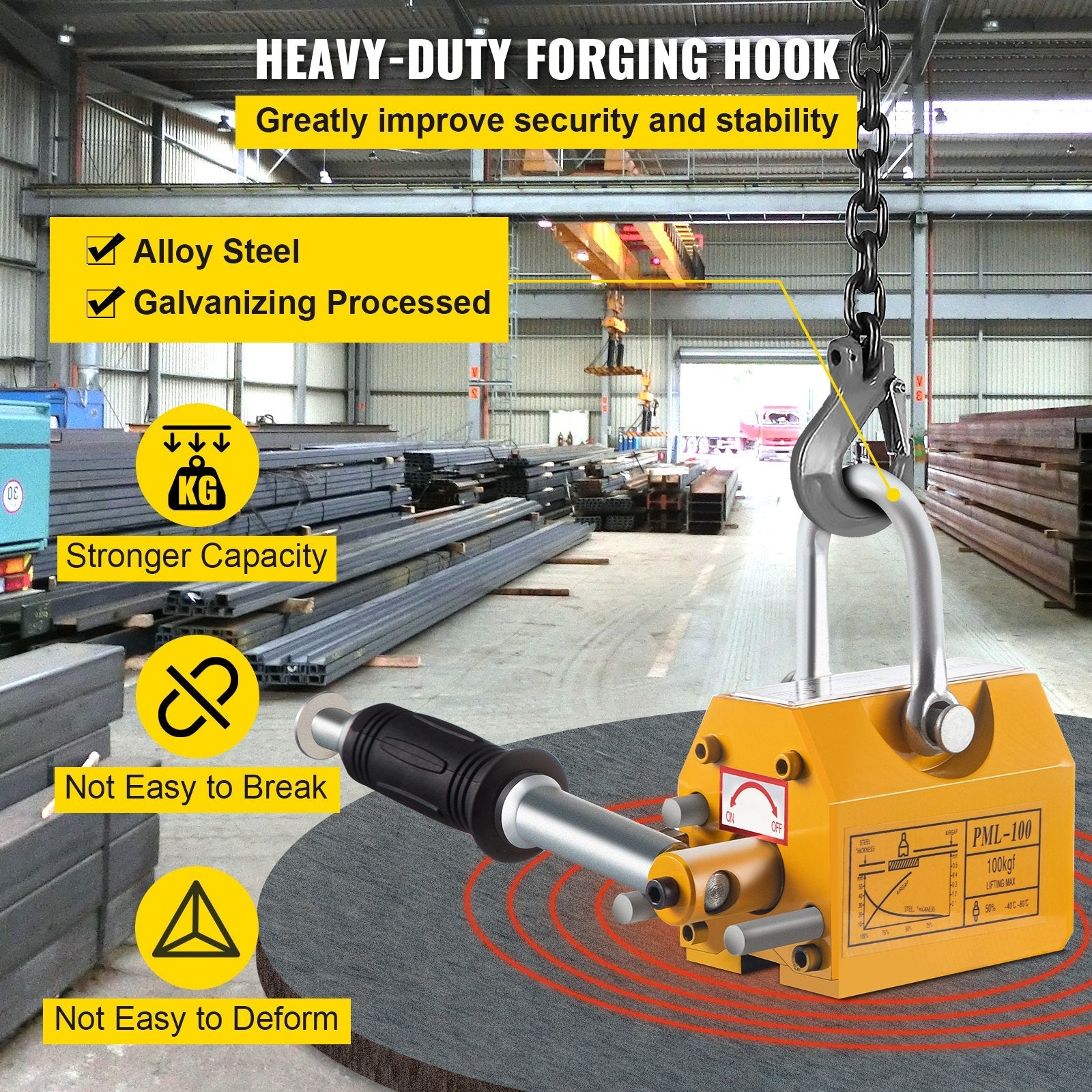 VEVOR Magnetic Lifter, 220lbs Pulling Capacity Steel Lifting Magnet, 100KG Permanent Lift Hoist Shop Crane with Handle, Heavy Duty Metal Lifting Magnet for Material Lifting Equipment