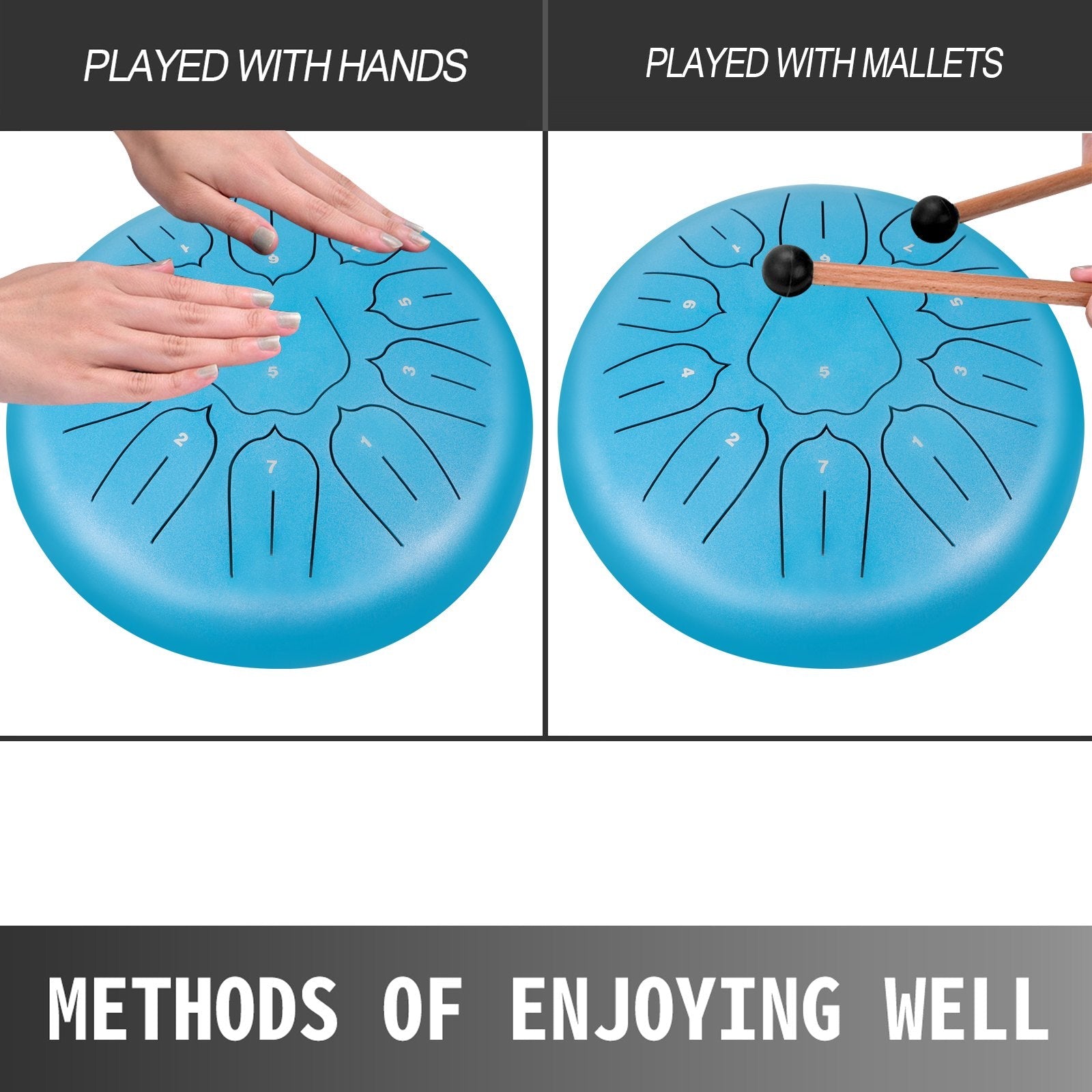 VEVOR Steel Tongue Drum 11 Notes 10 Inches Dia Tongue Drum Sky Blue Handpan Drum Notes Percussion Instrument Steel Drums Instruments with Bag, Book, Mallets, Mallet Bracket