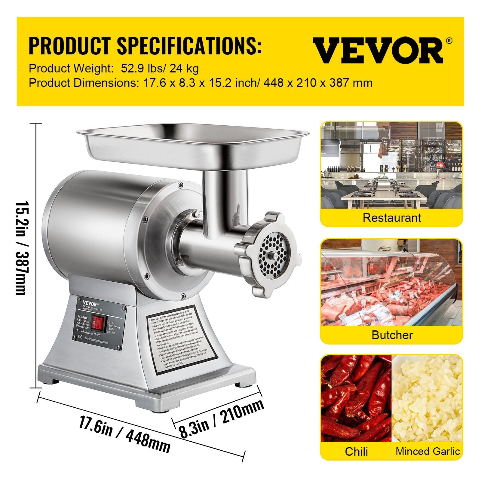 VEVOR 1.5HP 1100W Meat Grinder Stainless Steel 220 RPM Electric Meat Grinder Commercial Grinder for Industrial and Home Use