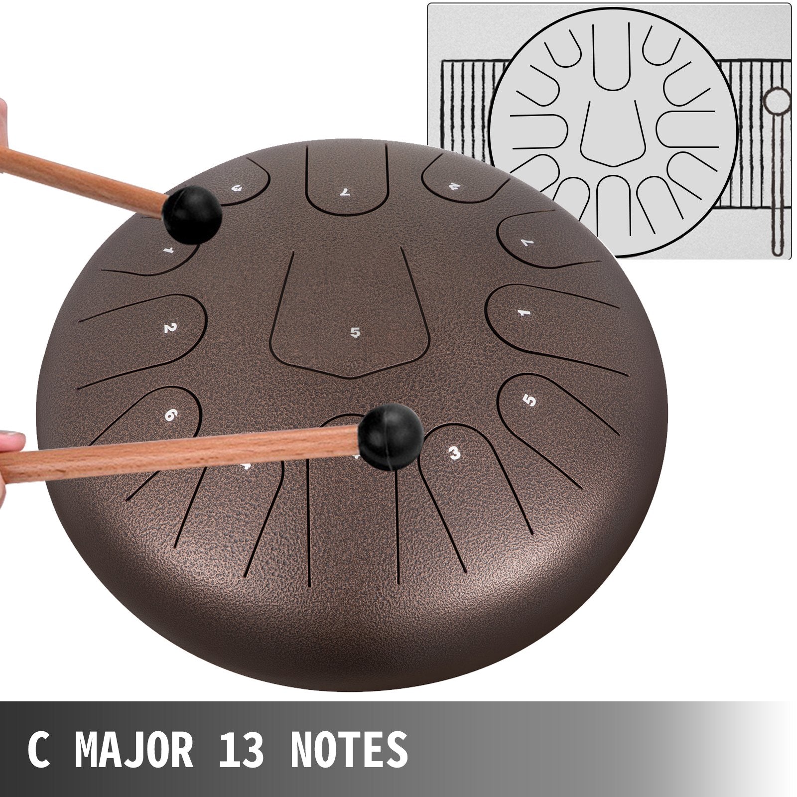 VEVOR Steel Drum 13 Notes Percussion Instrument 12 Inches Tongue Drum, Steel Tongue Drum, Steel Drums Instruments With Bag, Book, Mallets, Mallet Bracket, Hang Pan Drum Instrument, Chestnut