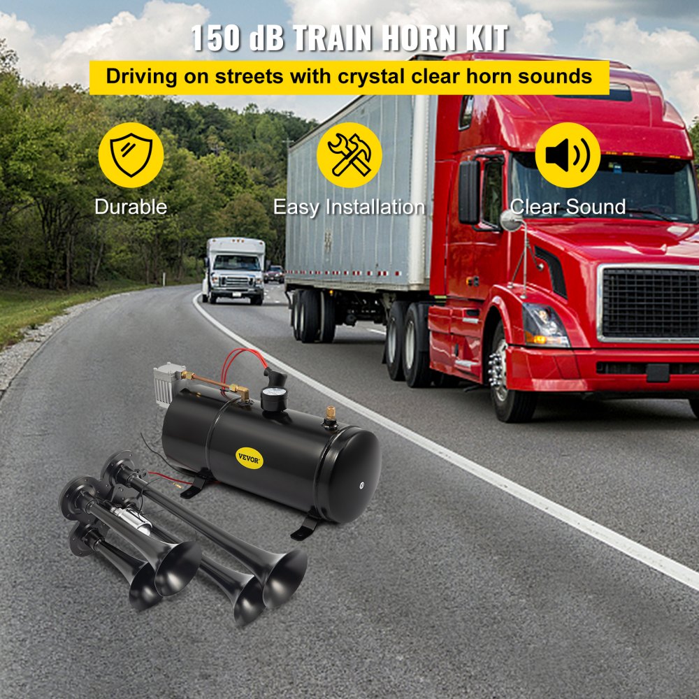 VEVOR 150DB Train Horns Kit for Trucks Super Loud with 120 PSI 12V Air Compressor 4 Trumpet Air Horn Compressor Tank For Any Vehicle Trucks Car Jeep Or SUV (Black)