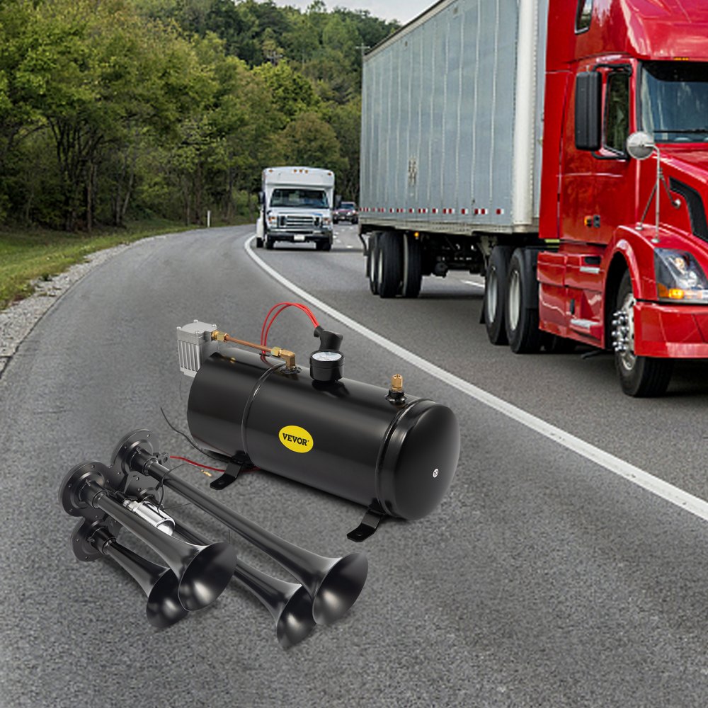 VEVOR 150DB Train Horns Kit for Trucks Super Loud with 120 PSI 12V Air Compressor 4 Trumpet Air Horn Compressor Tank For Any Vehicle Trucks Car Jeep Or SUV (Black)