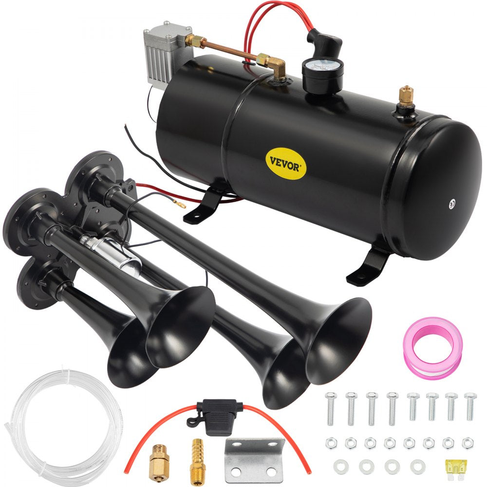 VEVOR 150DB Train Horns Kit for Trucks Super Loud with 120 PSI 12V Air Compressor 4 Trumpet Air Horn Compressor Tank For Any Vehicle Trucks Car Jeep Or SUV (Black)