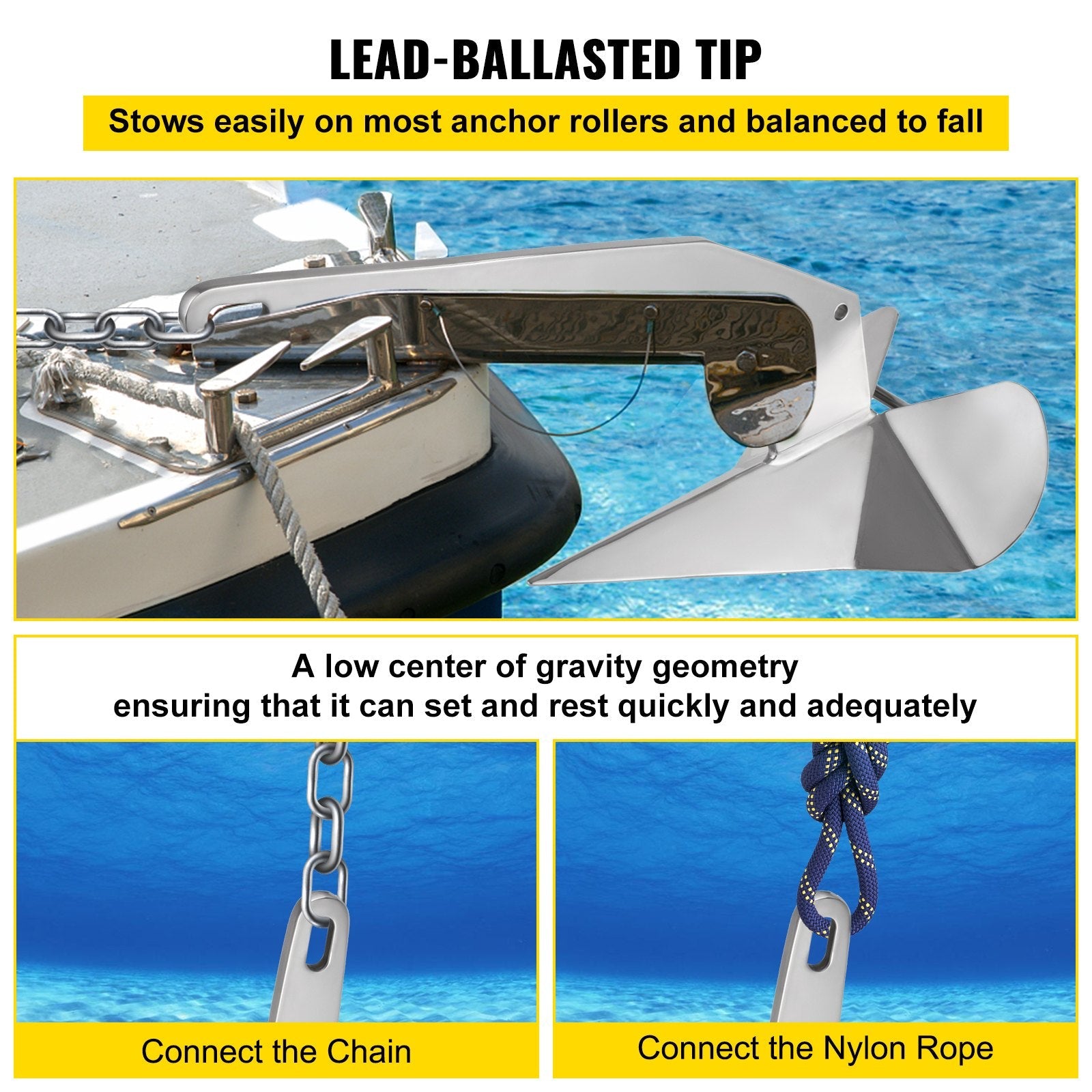 VEVOR Delta Style Boat Anchor 17 LB Boat Anchor Stainless Steel Delta Style 22-38 FT Anchor for Boats