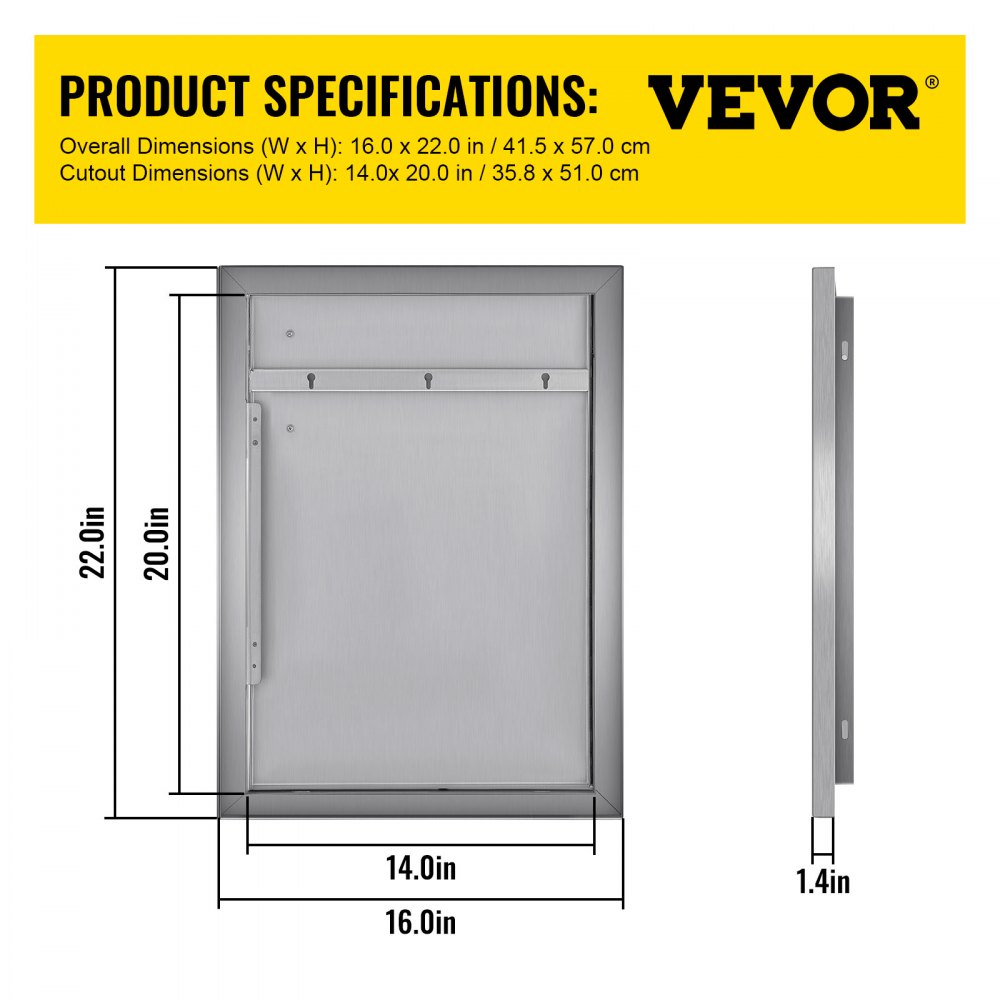 VEVOR BBQ Access Door 16 x 22 Inch Vertical Outdoor Kitchen Door Left Hinged Stainless Steel Access Door for Outdoor Kitchen