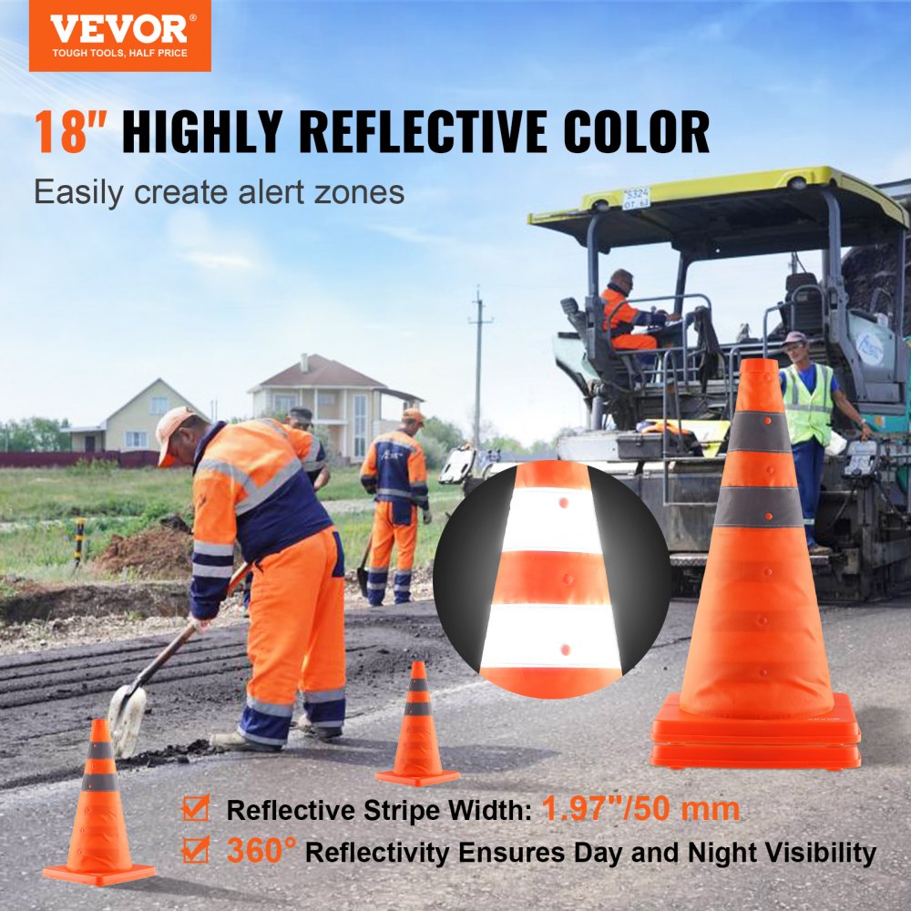 VEVOR Safety Cones, 2 Pack 18 inch Collapsible Traffic Cones, Construction Cones with Reflective Collars, Wide Base and A Storage Bag, for Traffic Control, Driving Training, Parking Lots
