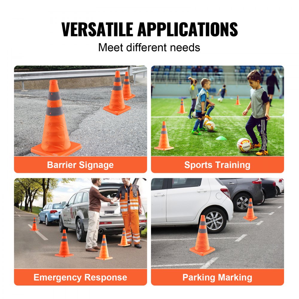 VEVOR Safety Cones, 2 Pack 18 inch Collapsible Traffic Cones, Construction Cones with Reflective Collars, Wide Base and A Storage Bag, for Traffic Control, Driving Training, Parking Lots