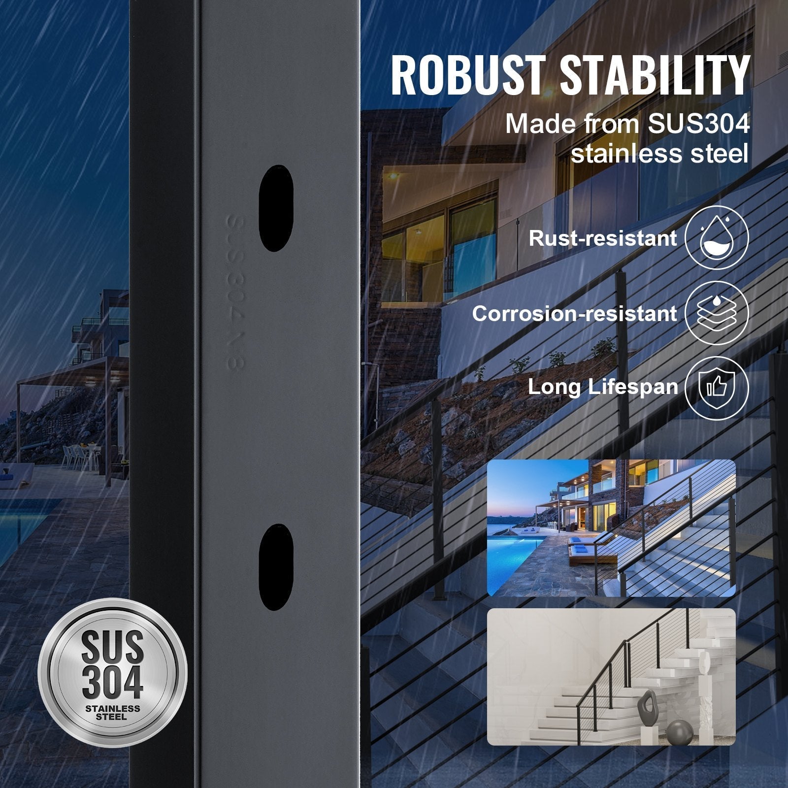 VEVOR Cable Railing Post, 42" x 1" x 2" Steel 30° Angled Hole Stair Railing Post, 12 Pre-Drilled Holes, SUS304 Stainless Steel Cable Rail Post with Horizontal and Curved Bracket, 1-Pack, Black