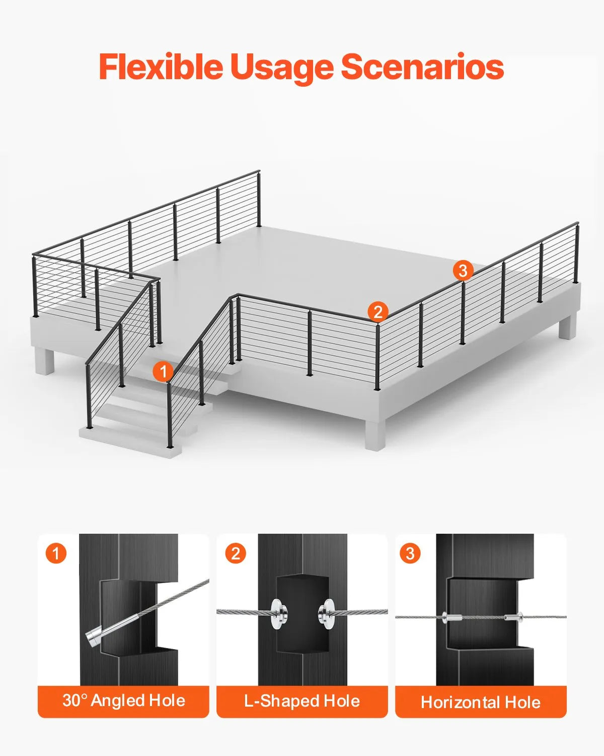 VEVOR Cable Railing Post 36x1x2 In with 30° Angled Holes 1JZLGZXHS91402OS1001V0