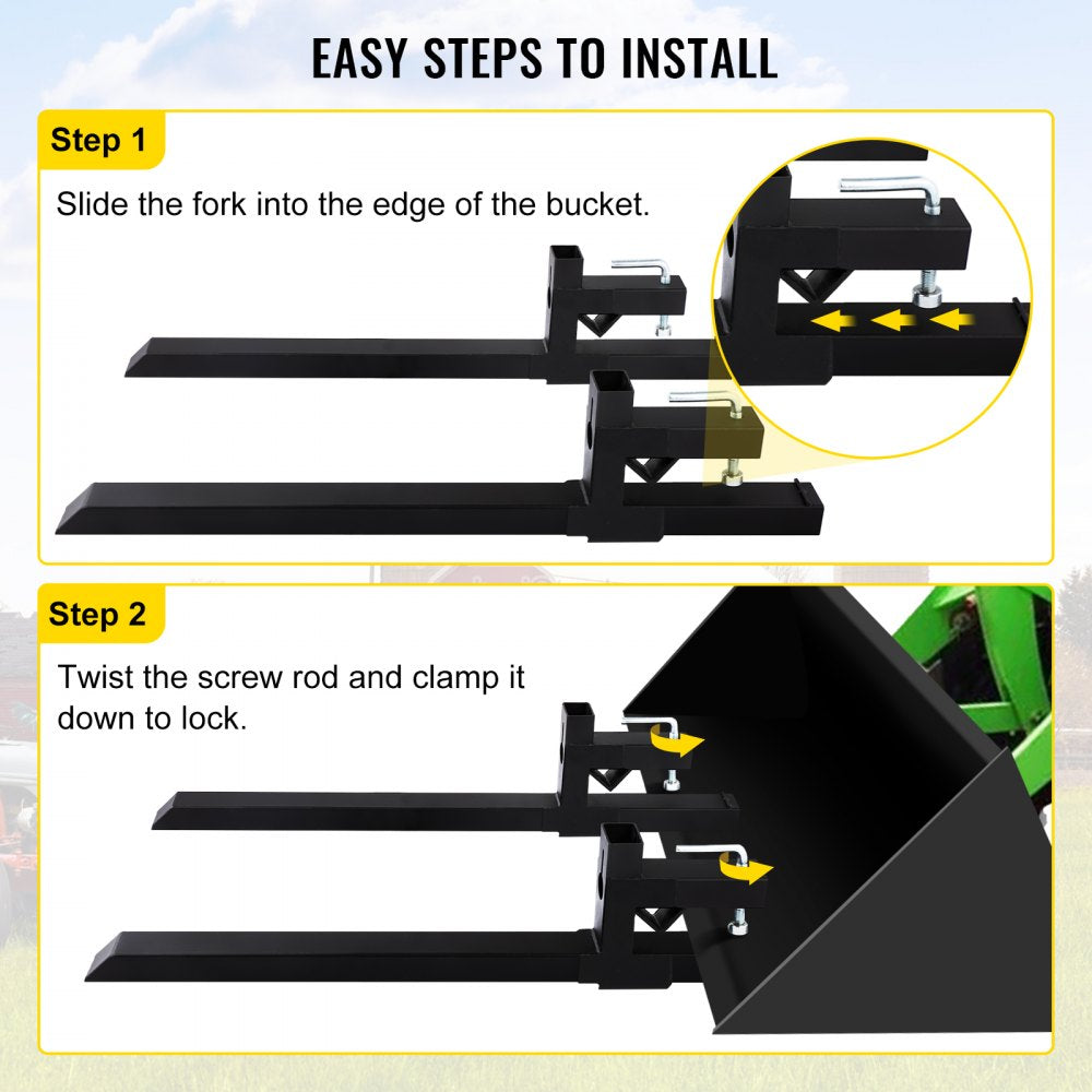 VEVOR 2000 Lbs Max Pallet Forks 33.5", 46.9" Total Length Clamp On Tractor Bucket Forks, Heavy Duty Front Loader Forks, Fork Attachment for Skid Steer,Loader Bucket