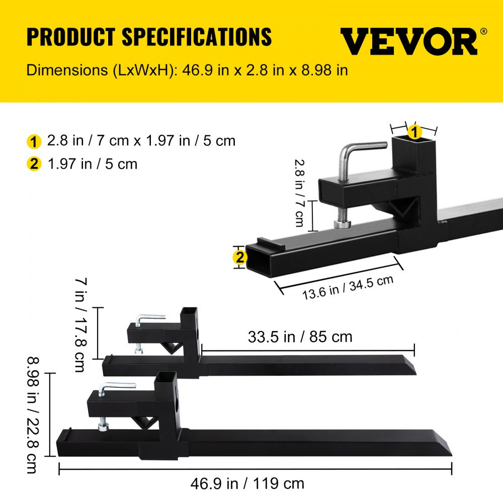 VEVOR 2000 Lbs Max Pallet Forks 33.5", 46.9" Total Length Clamp On Tractor Bucket Forks, Heavy Duty Front Loader Forks, Fork Attachment for Skid Steer,Loader Bucket