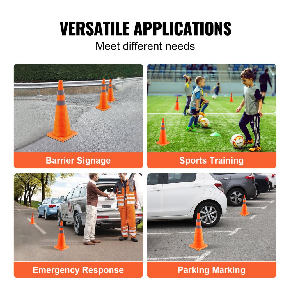 VEVOR Safety Cones, 4 Pack 28 inch Collapsible Traffic Cones, Construction Cones with Reflective Collars, Wide Base and A Storage Bag, for Traffic Control, Driving Training, Parking Lots