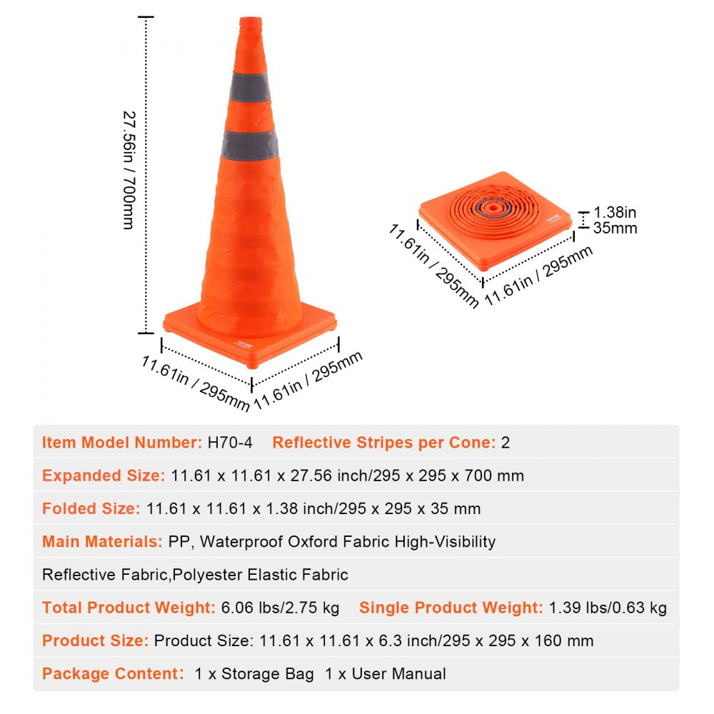 VEVOR Safety Cones, 4 Pack 28 inch Collapsible Traffic Cones, Construction Cones with Reflective Collars, Wide Base and A Storage Bag, for Traffic Control, Driving Training, Parking Lots