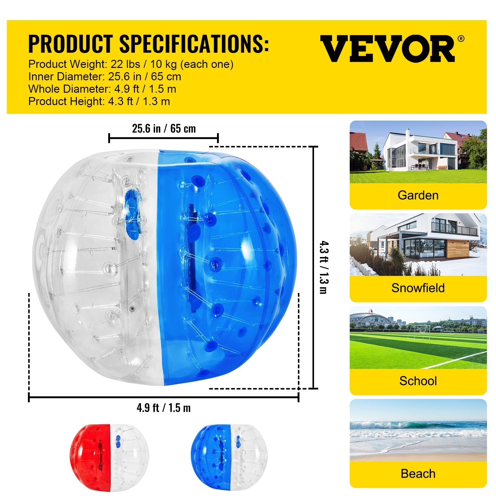 VEVOR 2PCS Inflatable Bumper Ball 5 FT / 1.5M Diameter, Bubble Soccer Ball, Blow It Up in 5 Min, Inflatable Zorb Ball for Adults or Children (5 FT, Red & Blue)