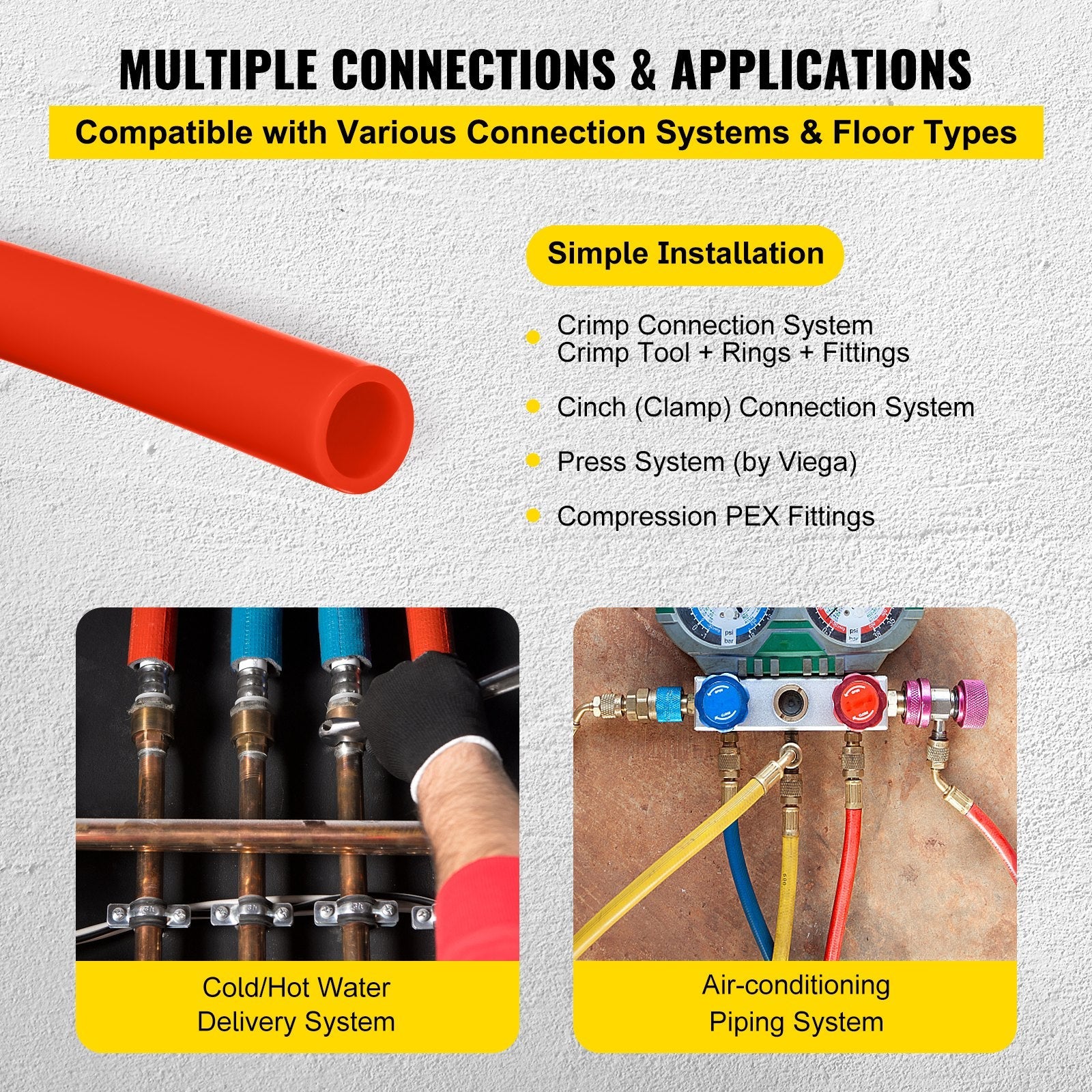 VEVOR 1/2 Inch PEX Tubing Potable Water Tube 300 FT PEX-B Plumbing Pipe Non-Barrier Radiant Heating Pex Coil for Water Plumbing Open Loop Hydronic Heating Systems (1/2" Non-Barrier, 300Ft/Red)
