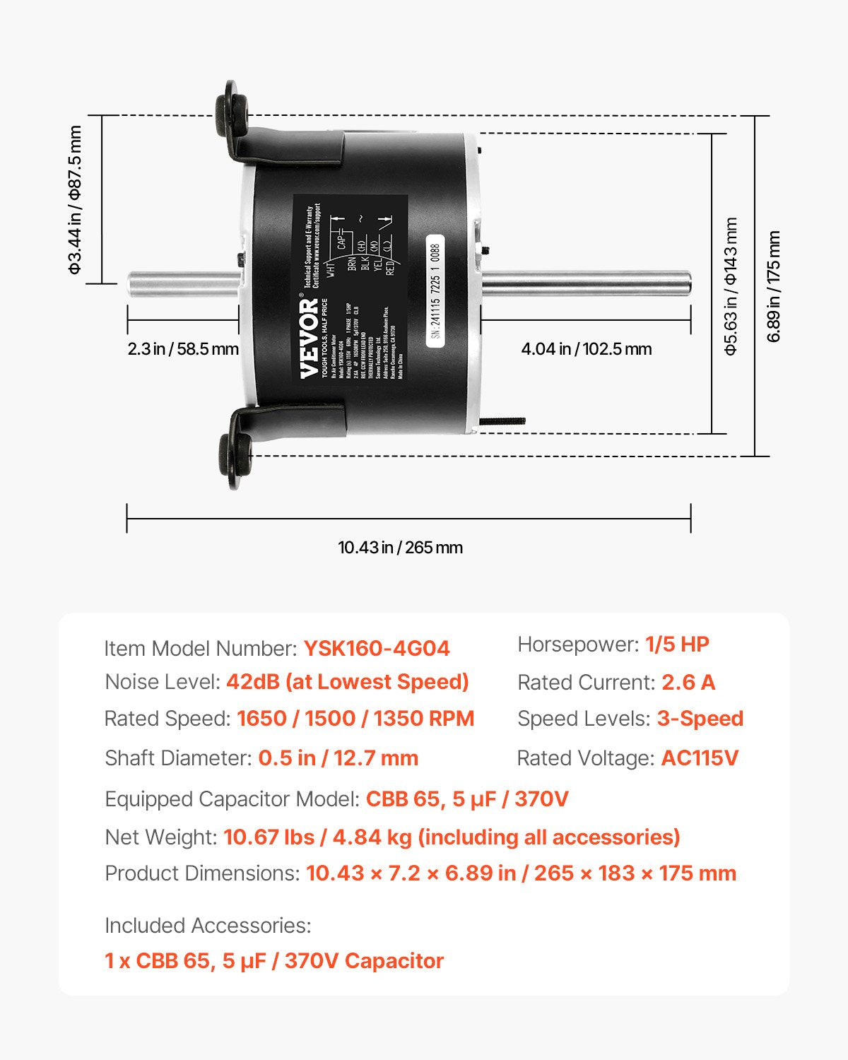 VEVOR 1/5HP RV AC Fan Motor AC115V 2.6 1650RPM Single Phase 5uf/370V Capacitor