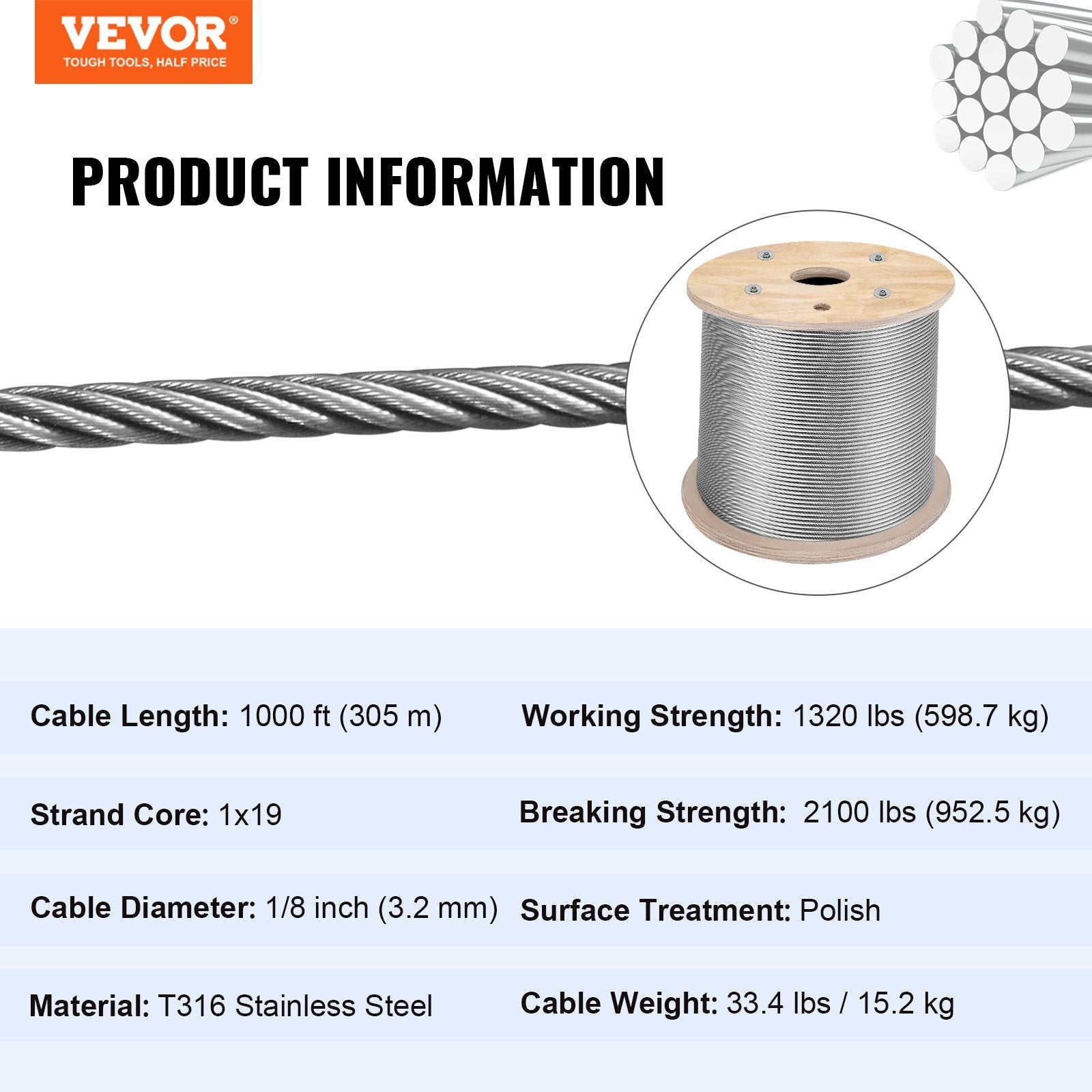 VEVOR Cable Railing 1000ft Stainless Steel Wire Rope 1/8" Stainless Stranded Wire 1x19 Wire Rope T316 (T316 1/8" 1000ft)