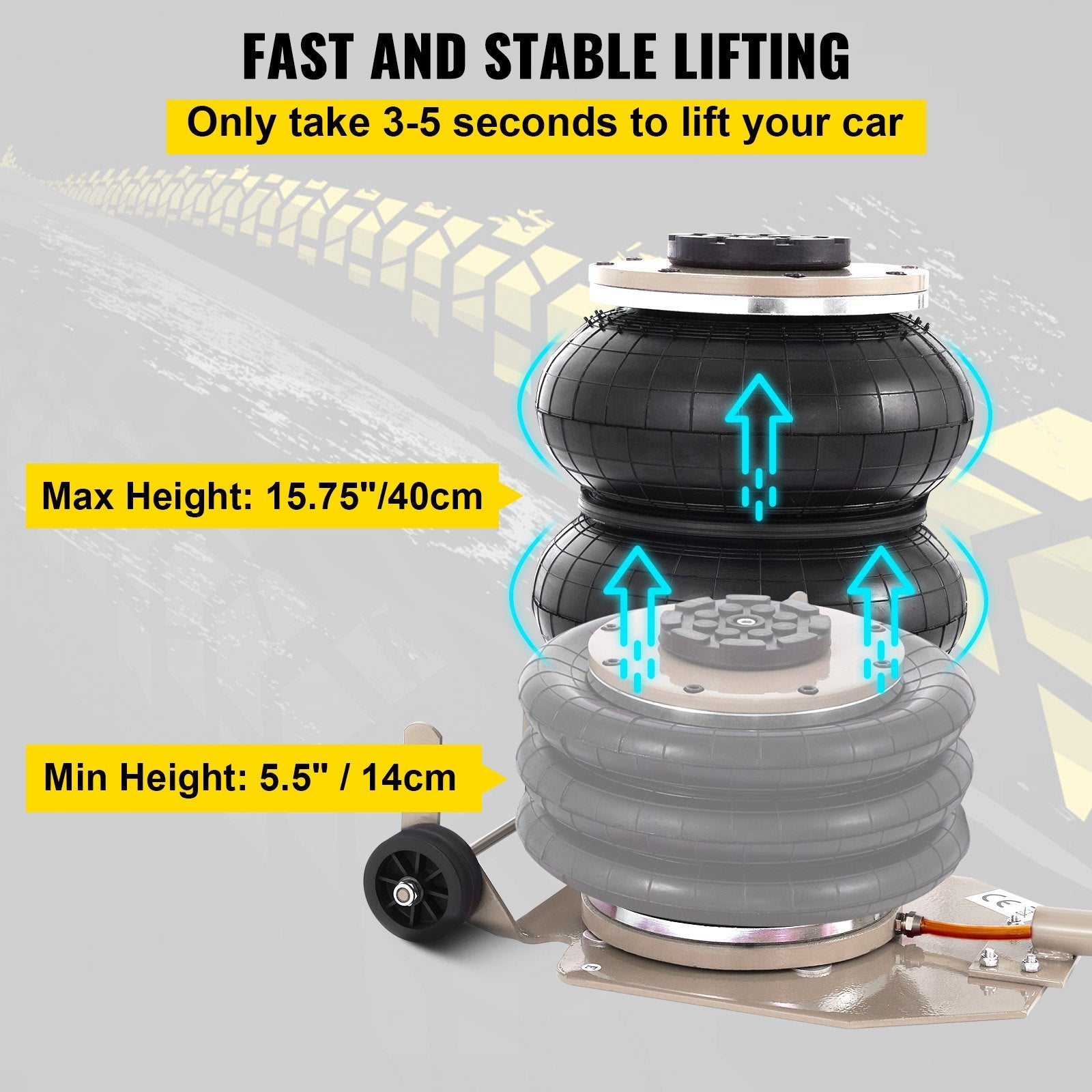 VEVOR Pneumatic Jack, 3 Ton/6600 LBS Air Bag Jack, Triple Bag Air Jack for Vehicle, Extremely Fast Lifting Action, Max Height 15.75\"/400 mm, with Wheels, Long Handle