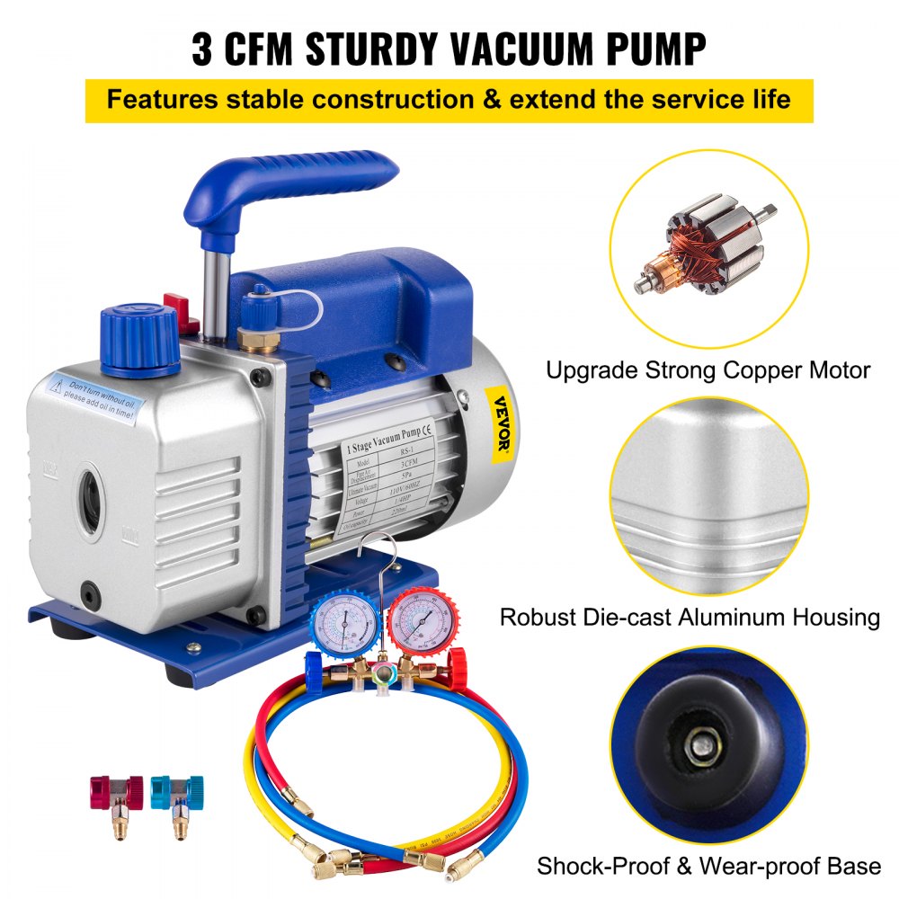 VEVOR 3CFM 1/4HP Single Stage Air Vacuum Pump HVAC R134a R12 R22 R410a A/C Refrigeration Kit AC Manifold Gauge Included Carrying Tote