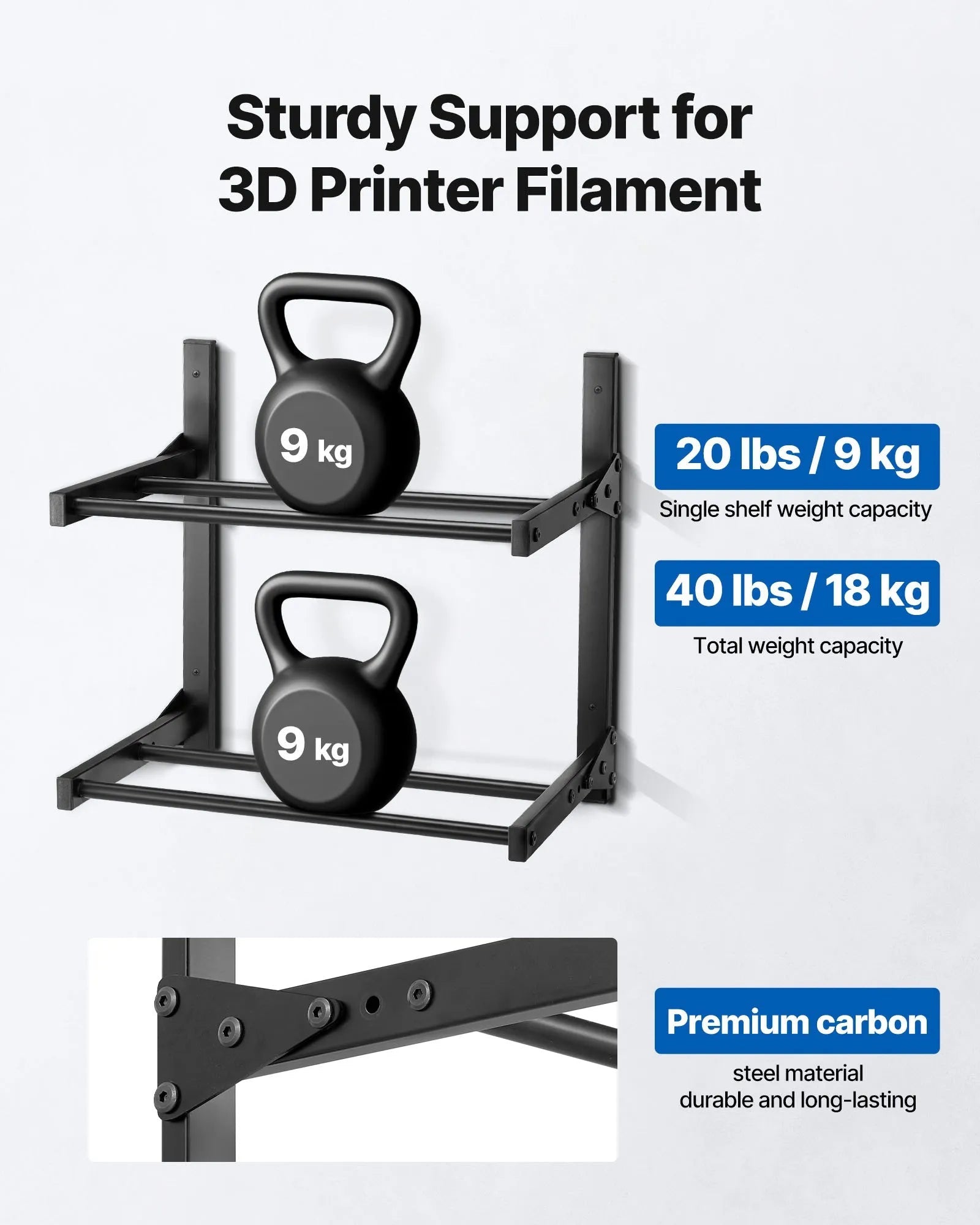 VEVOR Wall Mount Printer Filament Storage Rack, 2-Tier Wall Bracket Storage Shelf, Rolling Filament Spool Holders Racks with Wheels, Filaments Organzied for 3D Printing Studio, Workshop (Shelf Only)