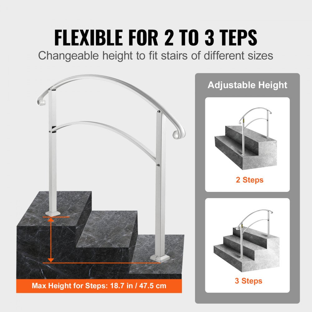 VEVOR Handrails for Outdoor Steps, Fit 1 or 3 Steps Outdoor Stair Railing, White Wrought Iron Handrail, Flexible Front Porch Hand Rail, Transitional Handrails for Concrete Steps or Wooden Stairs