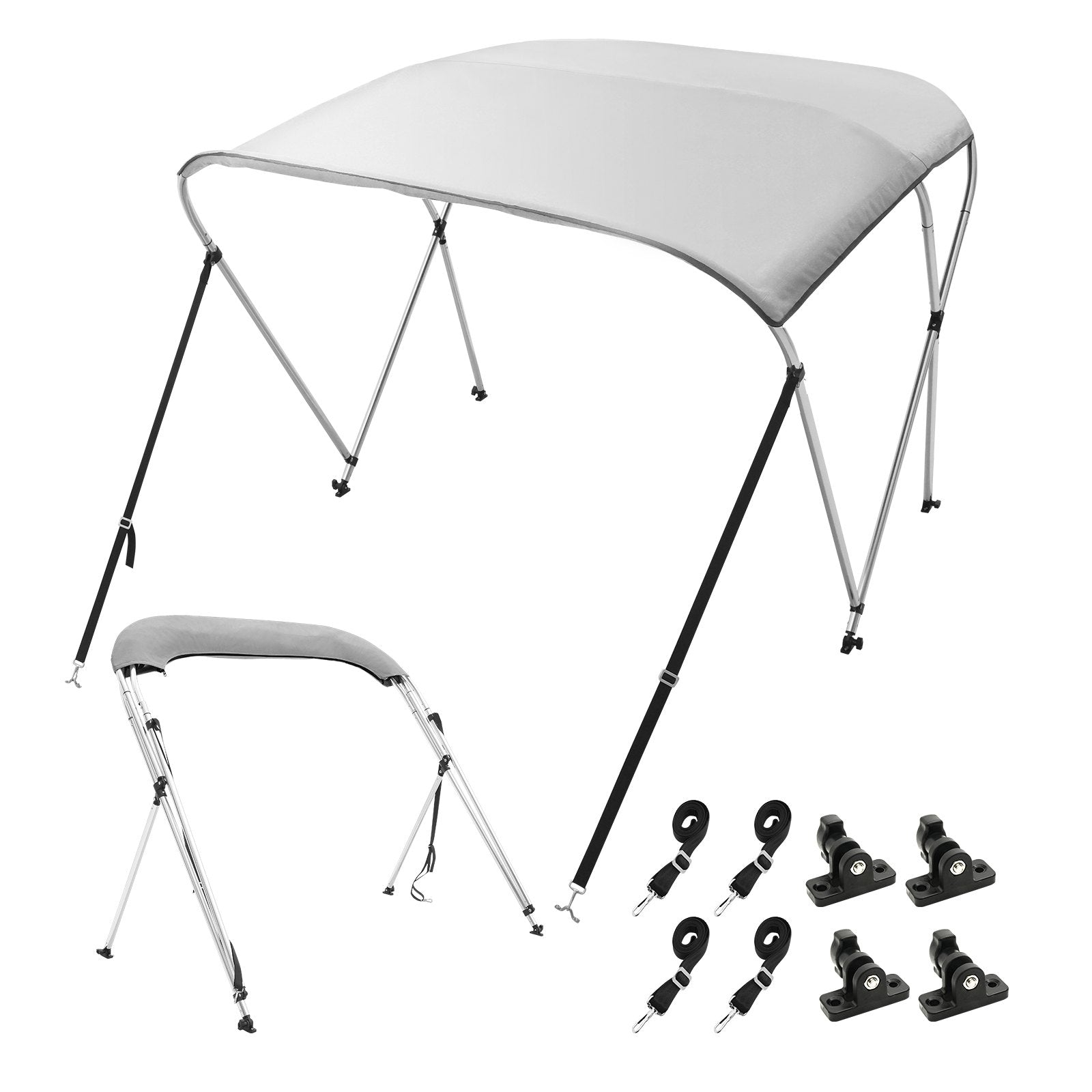 VEVOR 3 Bow Bimini Top Boat Cover, 900D Polyester Canopy with 1" Aluminum Alloy Frame, Waterproof and Sun Shade, Includes Storage Boot, 2 Support Poles, 4 Straps, 6'L x 46"H x 54"-60"W, Light Grey