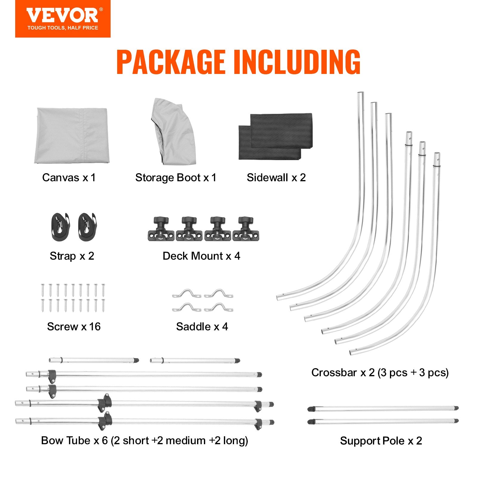 VEVOR 3 Bow Bimini Top Boat Cover, Detachable Mesh Sidewalls, 600D Polyester Canopy with 1" Aluminum Alloy Frame, Includes Storage Boot, 2 Support Poles, 2 Straps, 6'L x 46"H x 67"-72"W, Light Grey