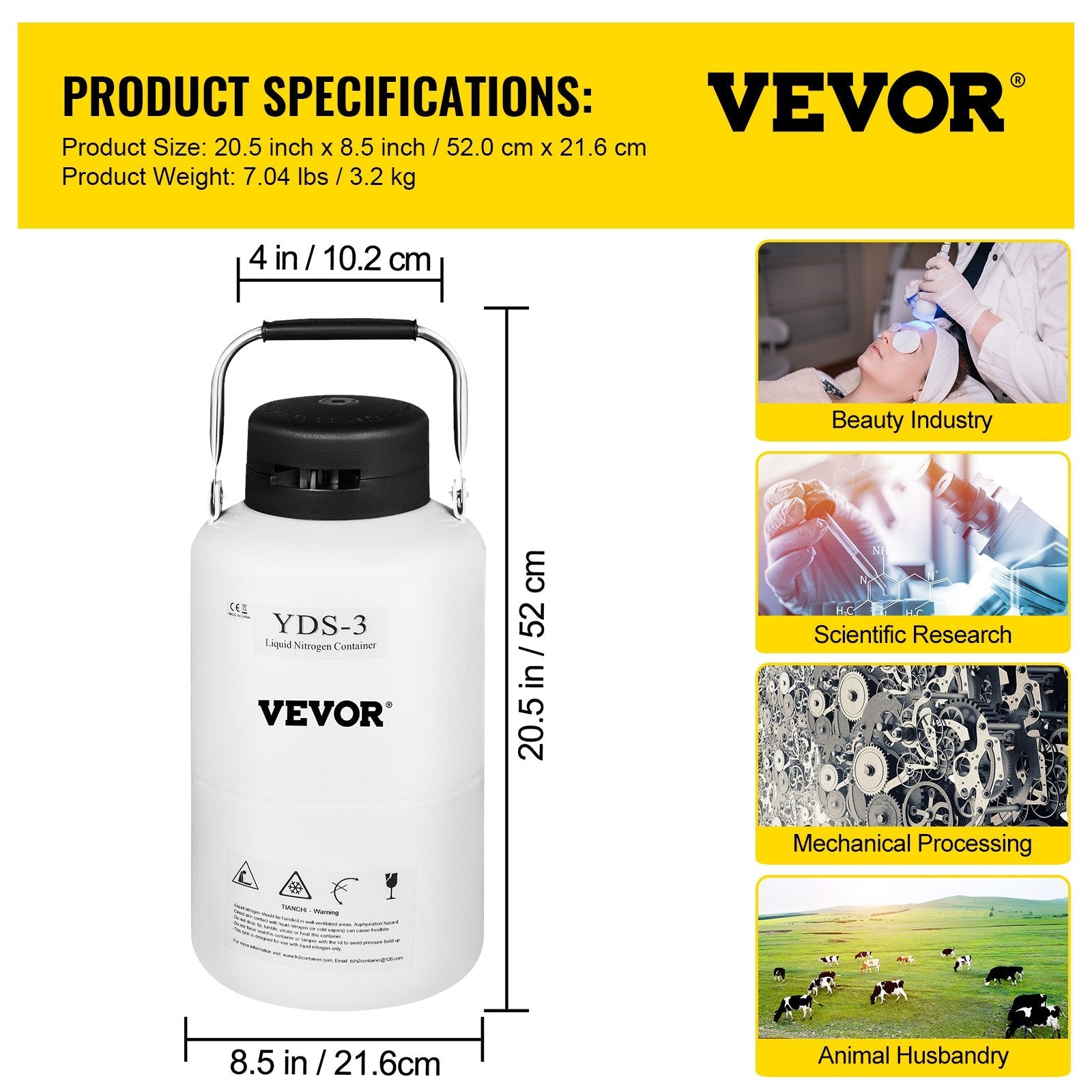 VEVOR 3L Liquid Nitrogen Container Aluminum Alloy Liquid Nitrogen Tank Static Cryogenic Container Liquid Nitrogen Container with 6 Canisters and Carry Bag