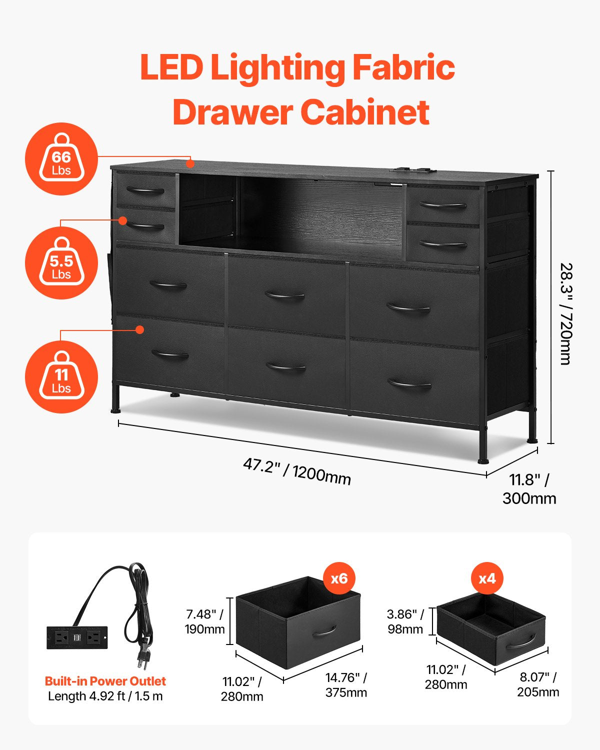 VEVOR 10 Fabric Drawer Dresser with Open Storage Shelf LED Lights & Outlet Black
