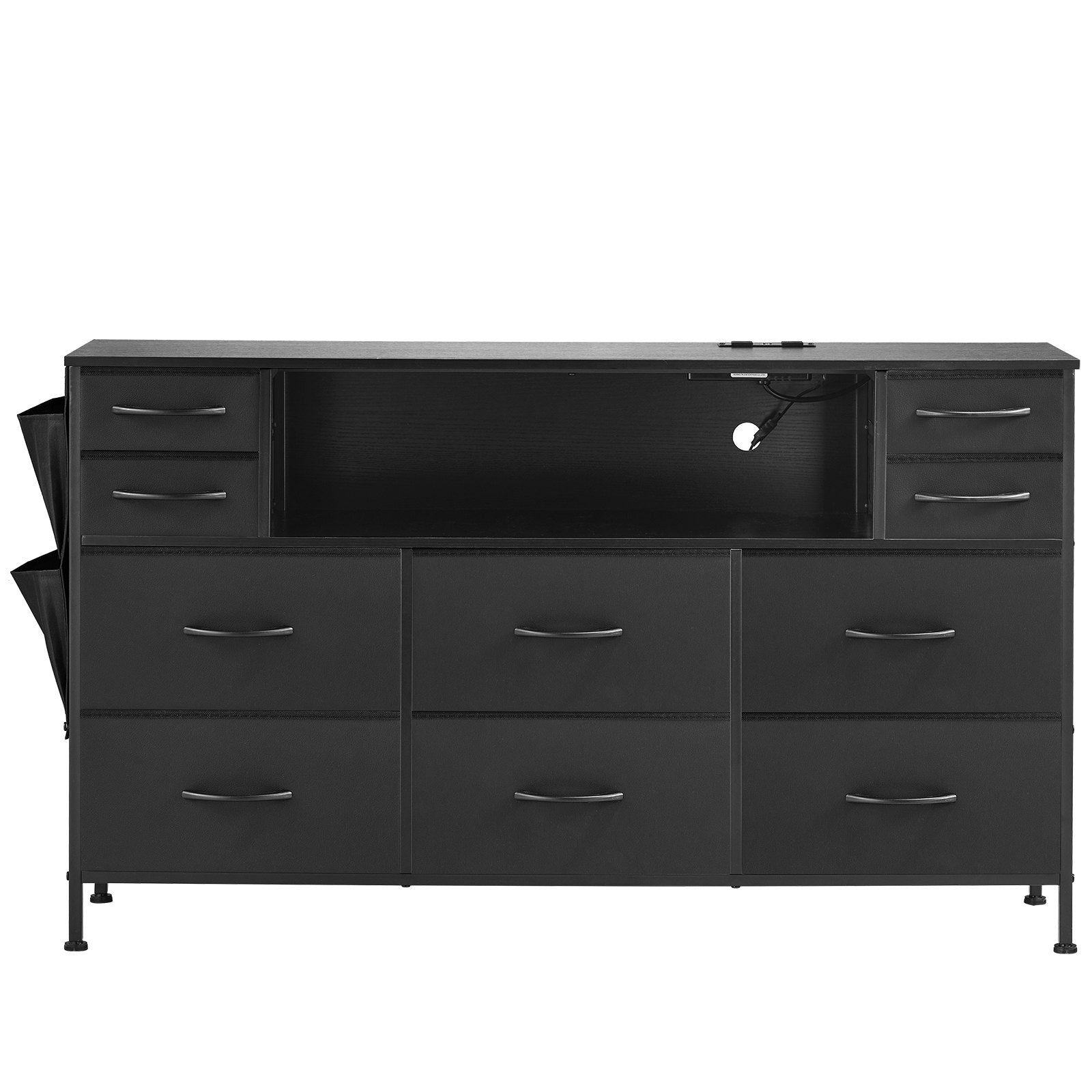 VEVOR 10 Fabric Drawer Dresser with Open Storage Shelf LED Lights & Outlet Black